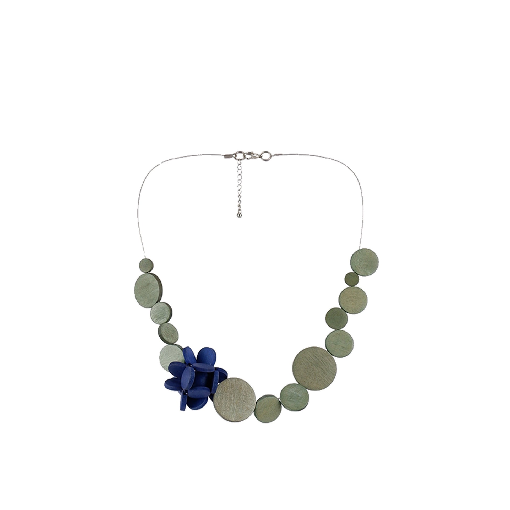 Grey and blue handmade wooden necklace with flat disc and flat disc flower cluster accent, crafted by a sustainable fashion accessories manufacturer. Artistic, eco-friendly, and bold.