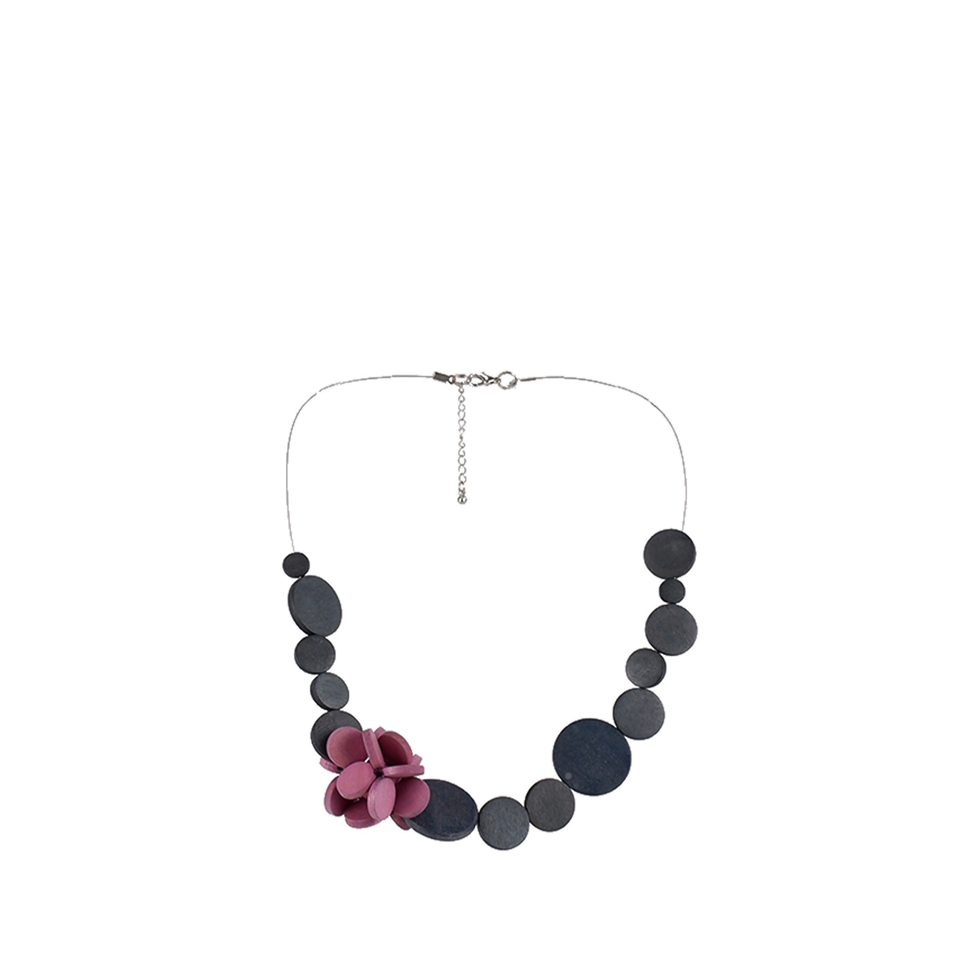 Grey and pink handmade wooden necklace with flat disc and flat disc flower cluster accent, crafted by a sustainable fashion accessories manufacturer. Artistic, eco-friendly, and bold.