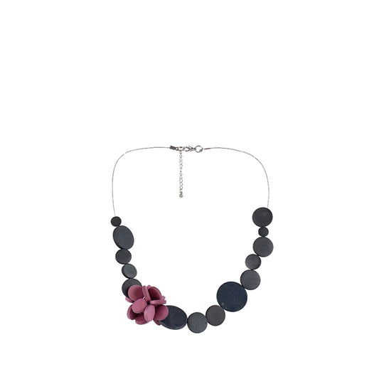 Grey and pink handmade wooden necklace with flat disc and flat disc flower cluster accent, crafted by a sustainable fashion accessories manufacturer. Artistic, eco-friendly, and bold.