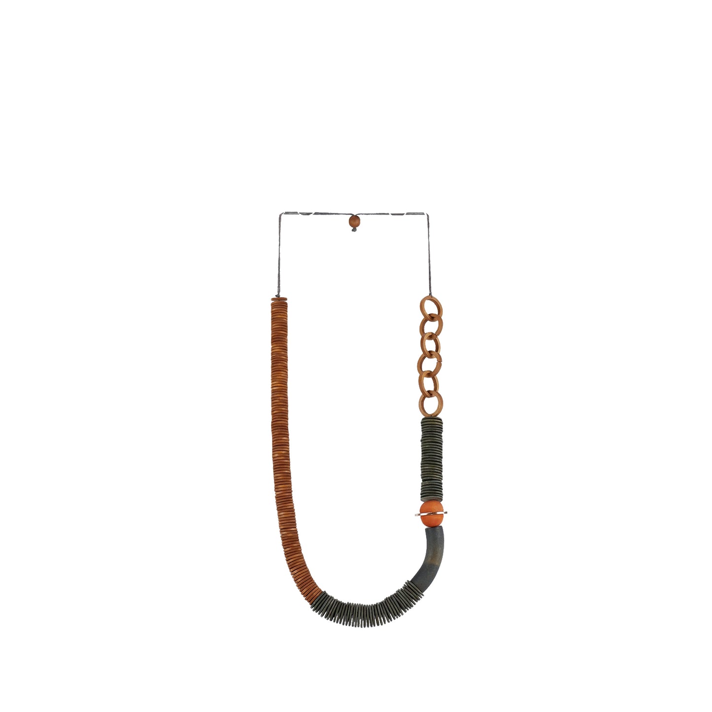 Handmade brown wooden necklace featuring flat wooden discs and a metal accent. A unique, eco-friendly, artisan-crafted jewelry piece with a modern touch.

