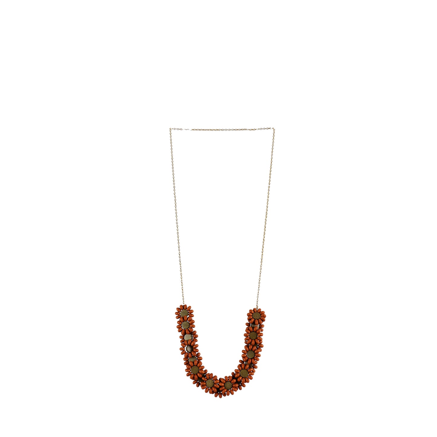 Handmade wooden necklace featuring a floral-inspired beaded design in brown with petal-like wooden elements. A unique, eco-friendly, artisan-crafted statement piece.