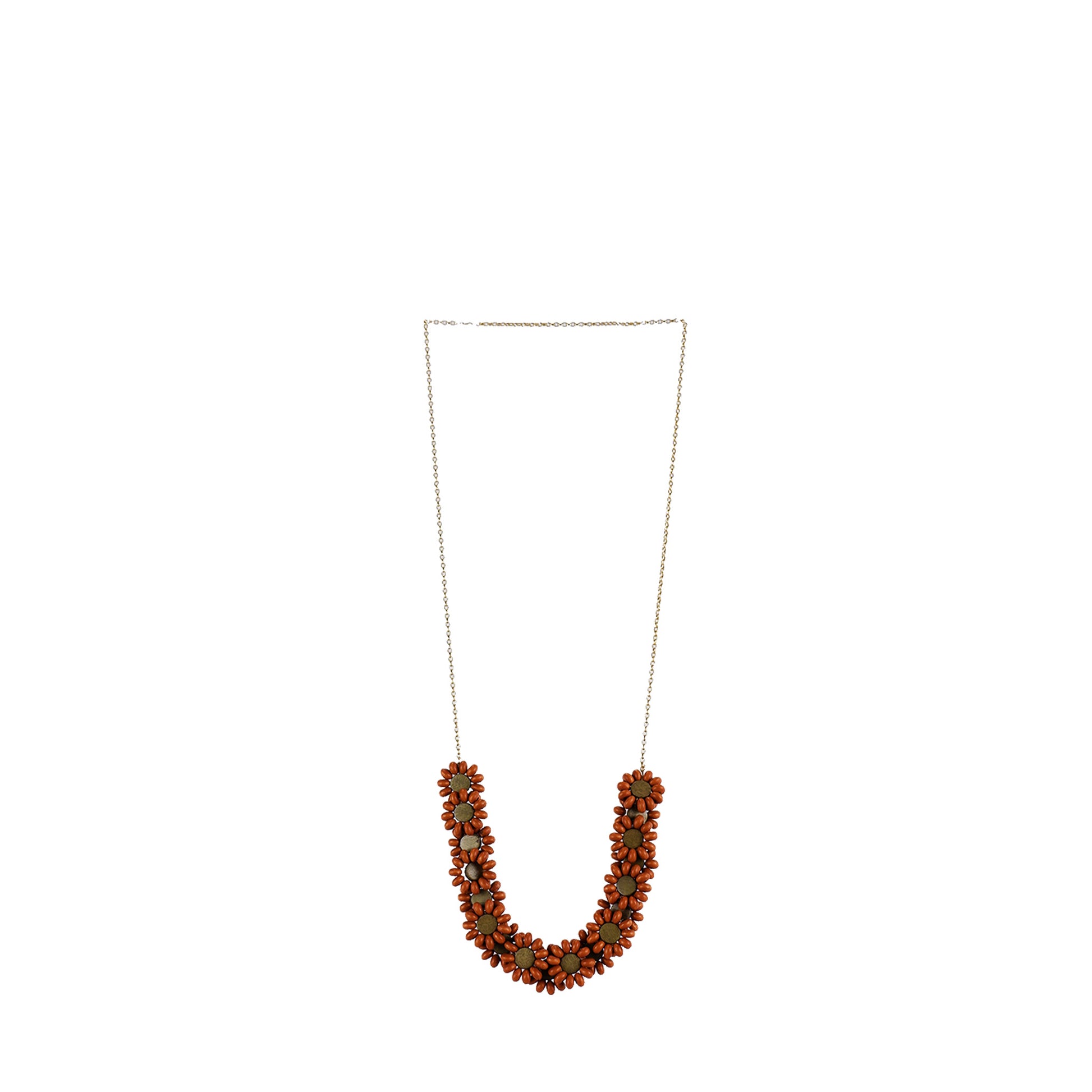 Handmade wooden necklace featuring a floral-inspired beaded design in brown with petal-like wooden elements. A unique, eco-friendly, artisan-crafted statement piece.