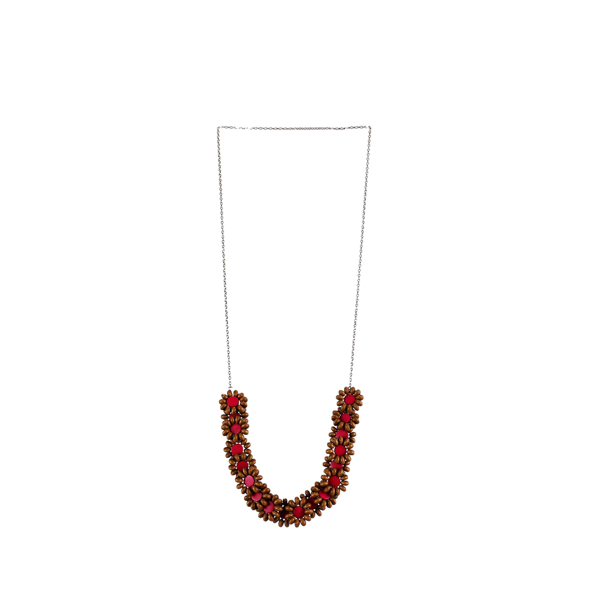 Handmade wooden necklace featuring a floral-inspired beaded design in pink with petal-like wooden elements. A unique, eco-friendly, artisan-crafted statement piece.
