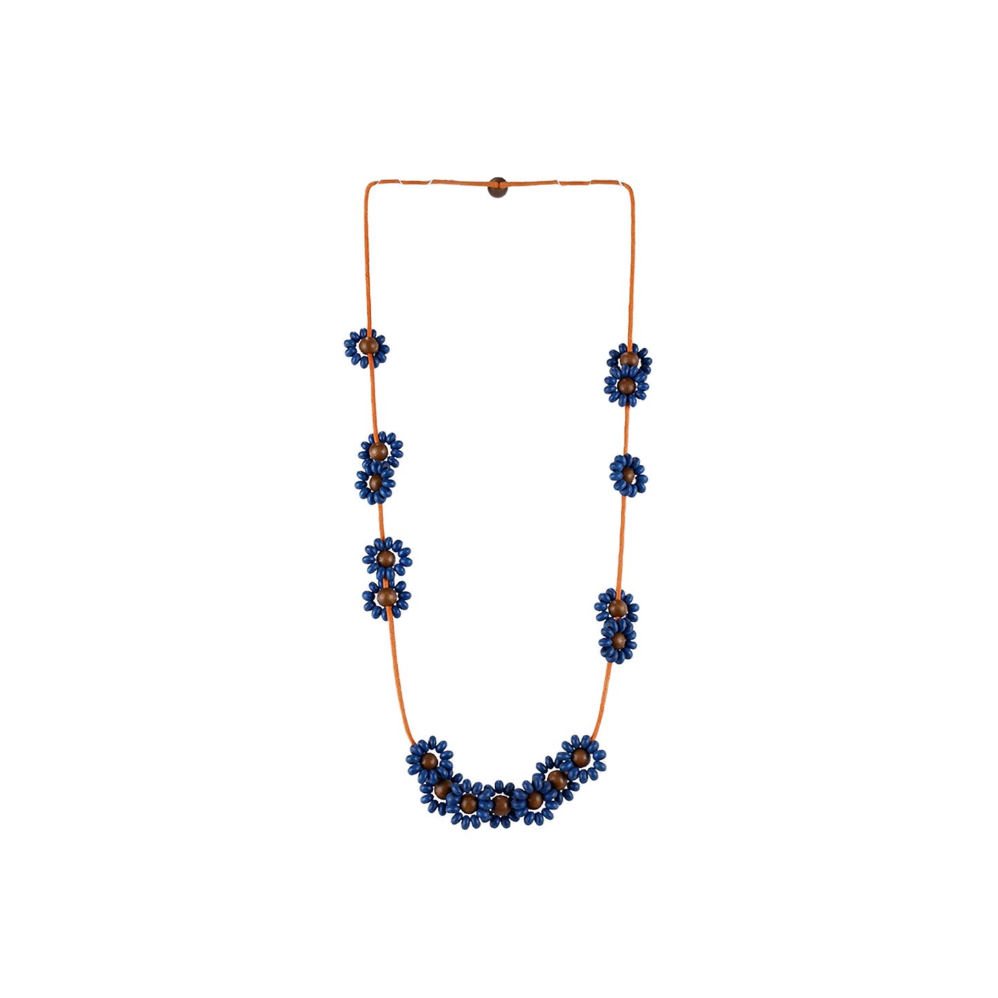 Handmade wooden necklace featuring mixed floral components in blue. An eco-friendly, artisan-crafted accessory inspired by nature, made from sustainable wood.