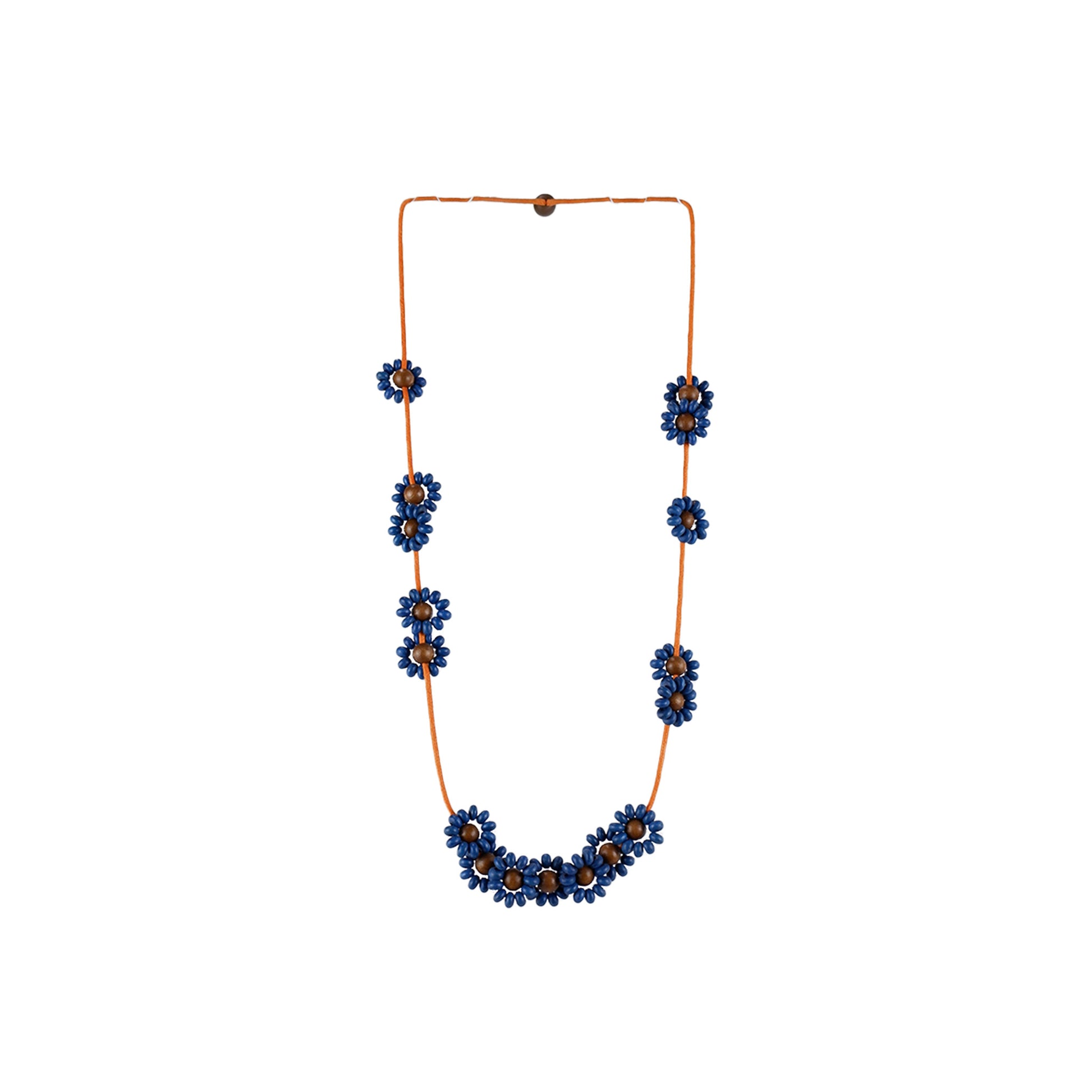 Handmade wooden necklace featuring mixed floral components in blue. An eco-friendly, artisan-crafted accessory inspired by nature, made from sustainable wood.