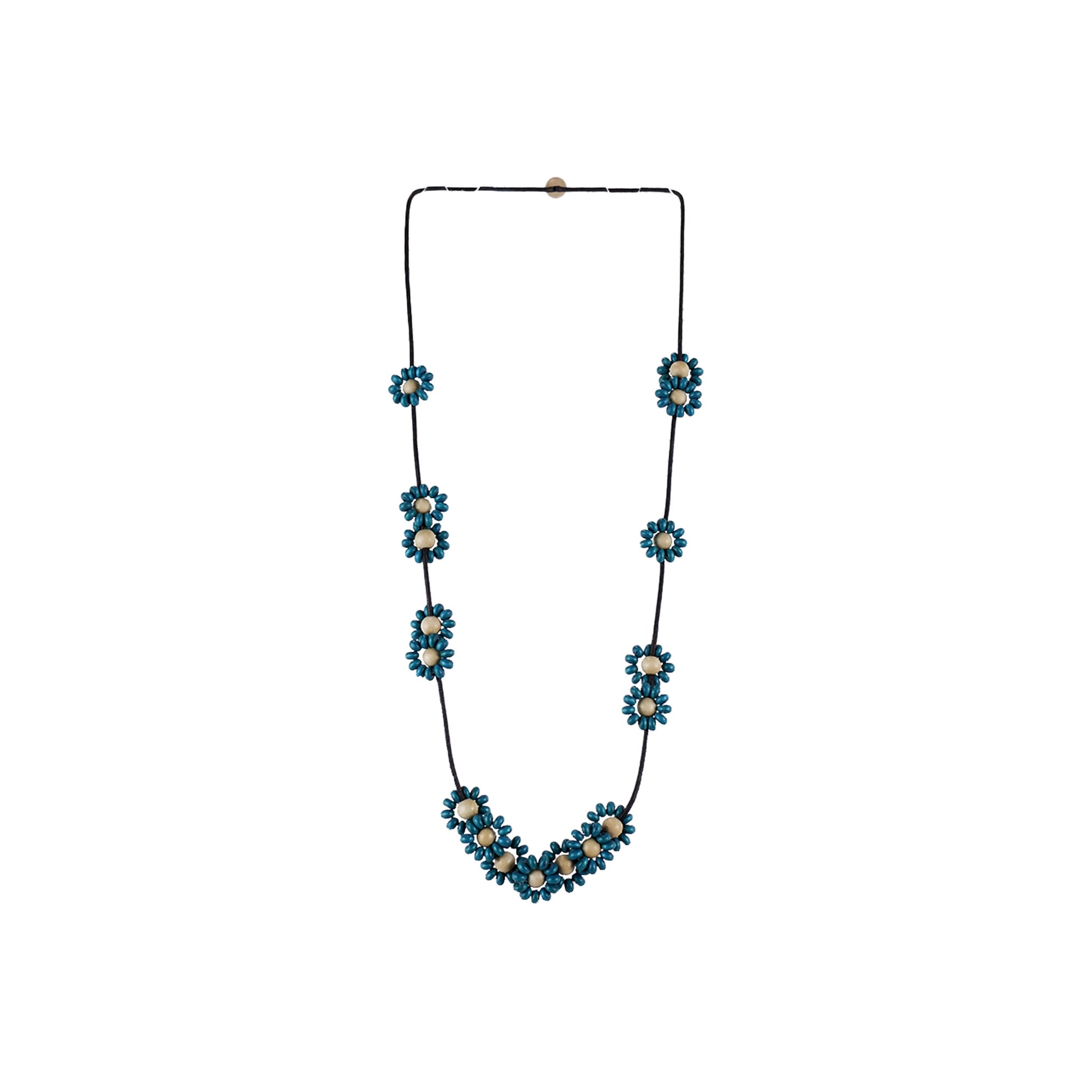 Handmade wooden necklace featuring mixed floral components in navy blue. An eco-friendly, artisan-crafted accessory inspired by nature, made from sustainable wood.
