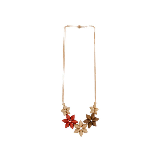 handmade wooden necklace featuring a floral pendant crafted from wooden saucer components in beige. A unique, eco-friendly, artisan-crafted nature-inspired jewelry piece.