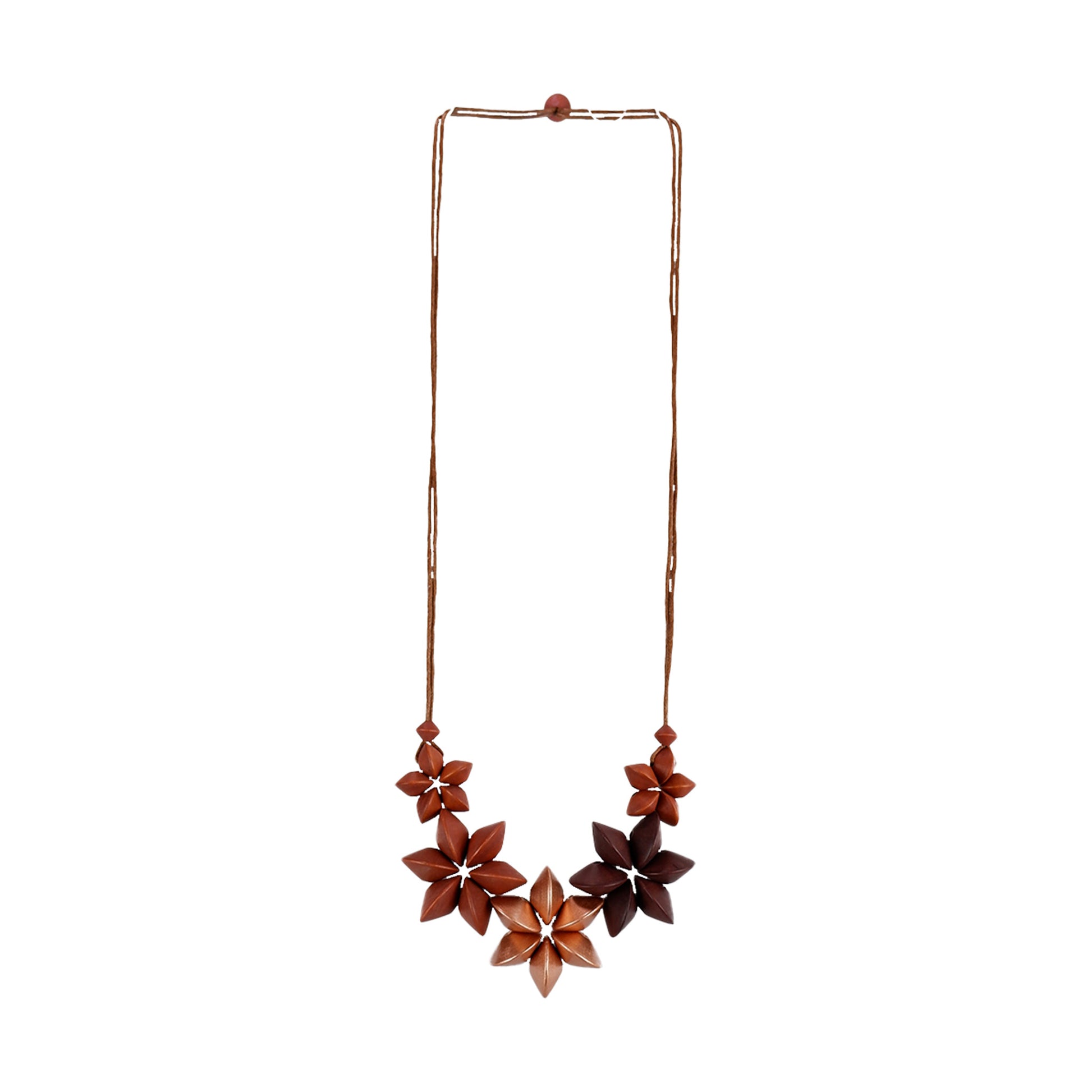 handmade wooden necklace featuring a floral pendant crafted from wooden saucer components in brown. A unique, eco-friendly, artisan-crafted nature-inspired jewelry piece.