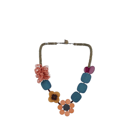 Yellow, Blue, Purple Handmade wooden necklace with flower pendant and rubber & acrylic accents, crafted by a sustainable fashion accessories manufacturer. Elegant, eco-friendly, and bold.
