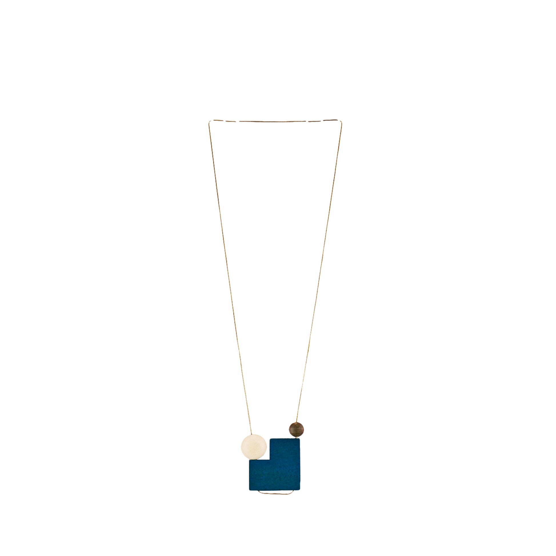 Handmade wooden necklace featuring a geometric pendant design with a minimalist aesthetic in blue. A unique, eco-friendly, artisan-crafted fashion accessory.

