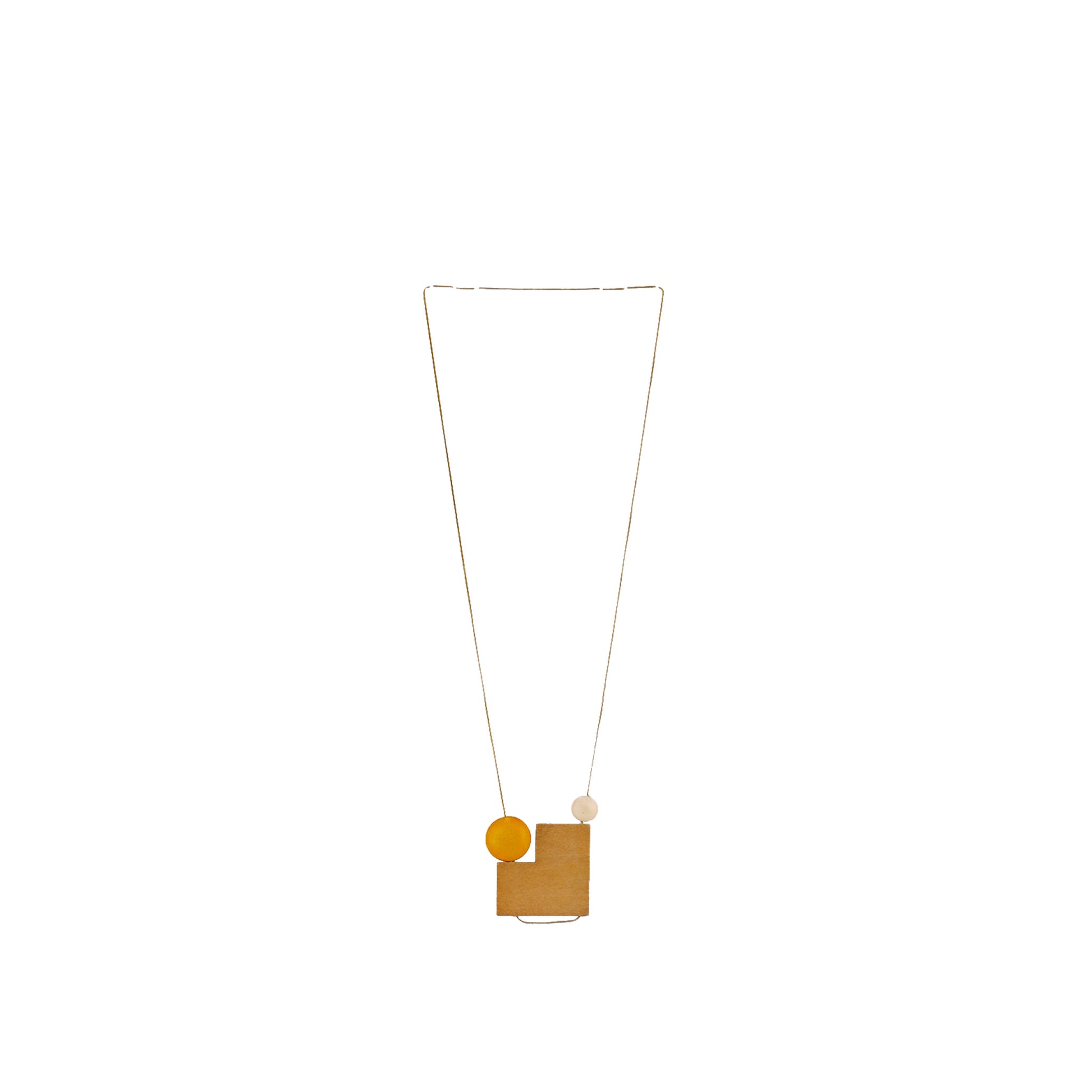 Handmade wooden necklace featuring a geometric pendant design with a minimalist aesthetic in gold. A unique, eco-friendly, artisan-crafted fashion accessory.

