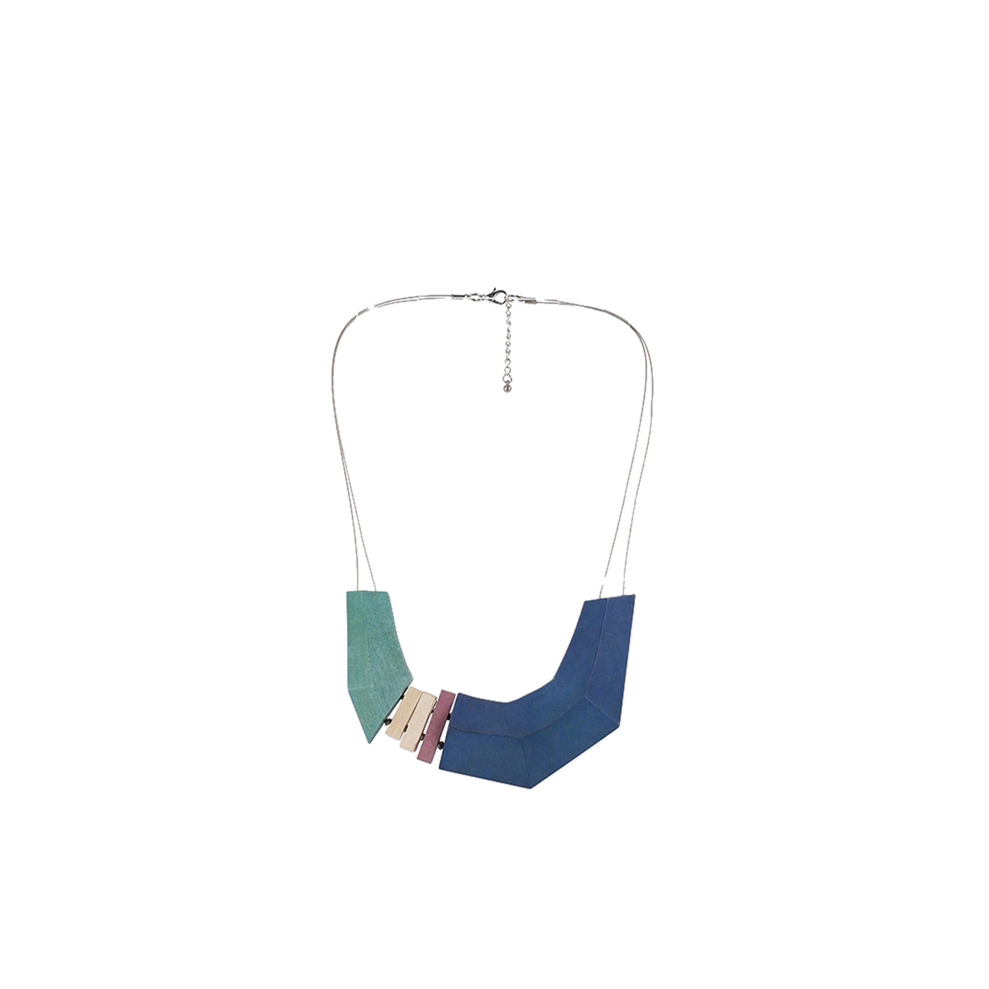 Handmade wooden necklace with a blue geometric pendant. Ethically crafted, lightweight, and designed for minimalist and boho-chic fashion lovers.