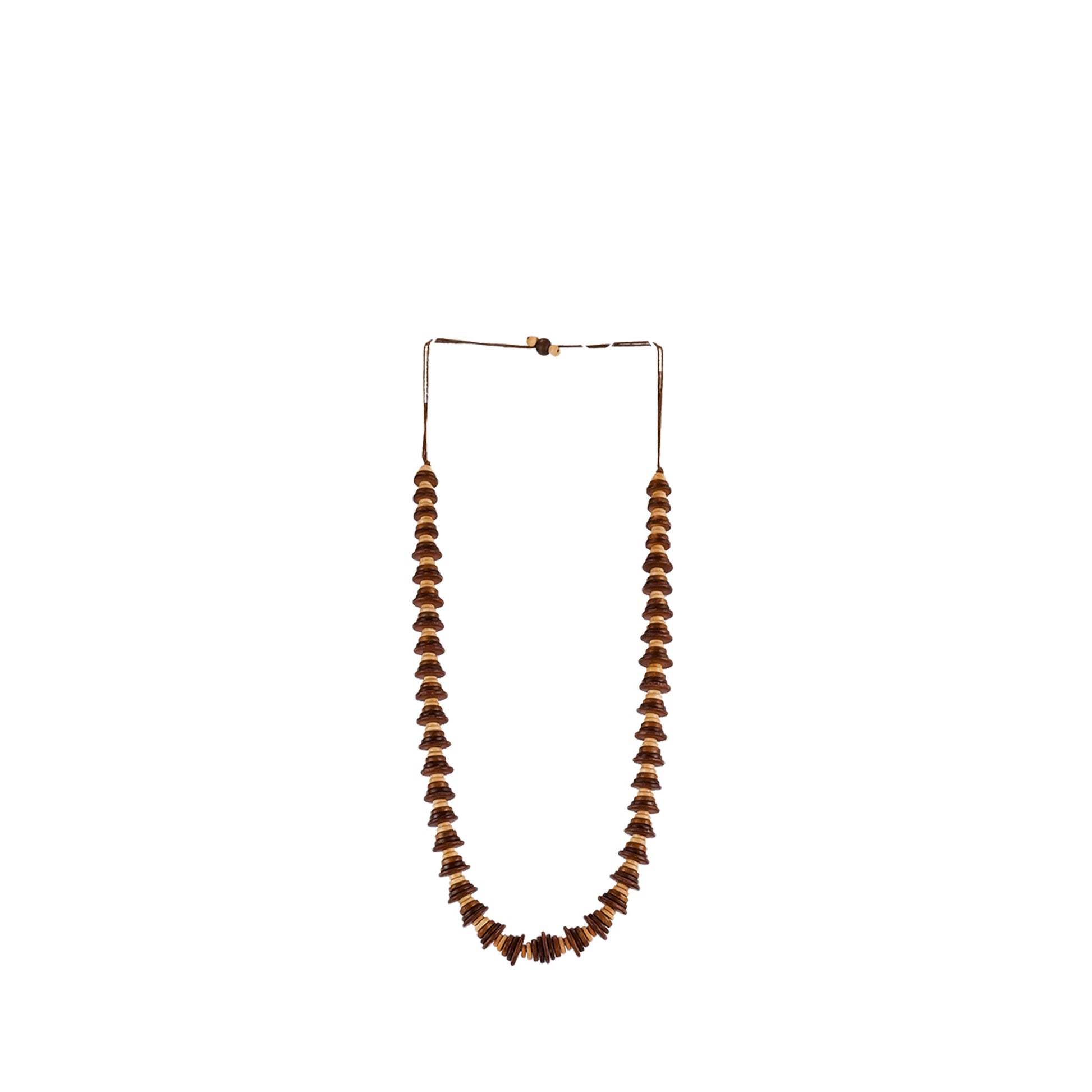 Handmade brown wooden necklace featuring graduated flat wooden discs. A unique, eco-friendly, artisan-crafted jewelry piece with a modern, organic design.