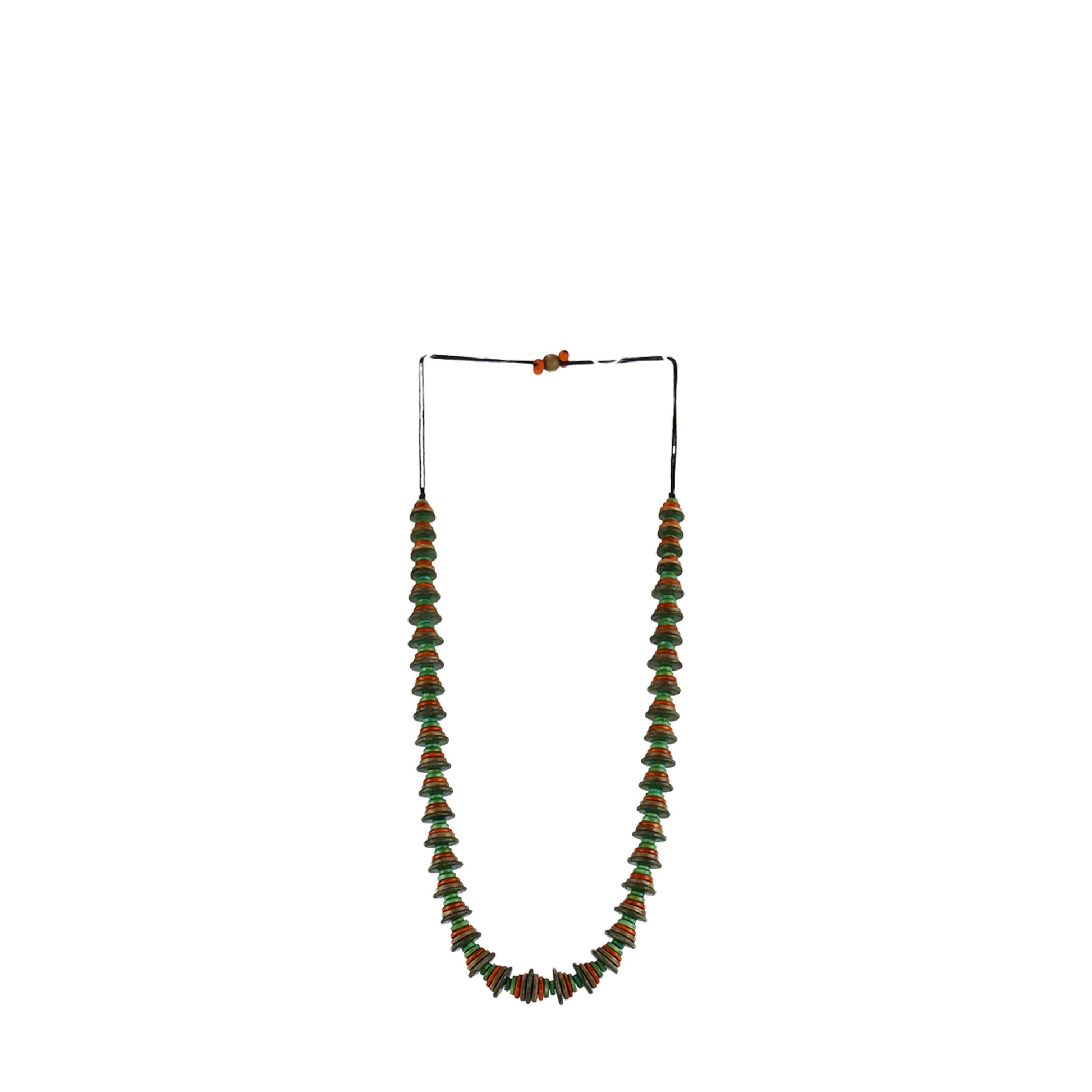 Handmade green wooden necklace featuring graduated flat wooden discs. A unique, eco-friendly, artisan-crafted jewelry piece with a modern, organic design.