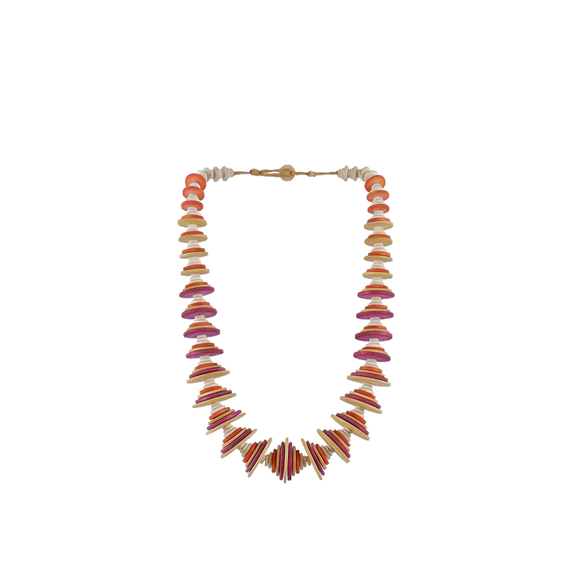 Orange, pink, red handmade wooden necklace with graduated flat wood discs, crafted by a sustainable fashion accessories manufacturer. Unique, eco-friendly, and bold.