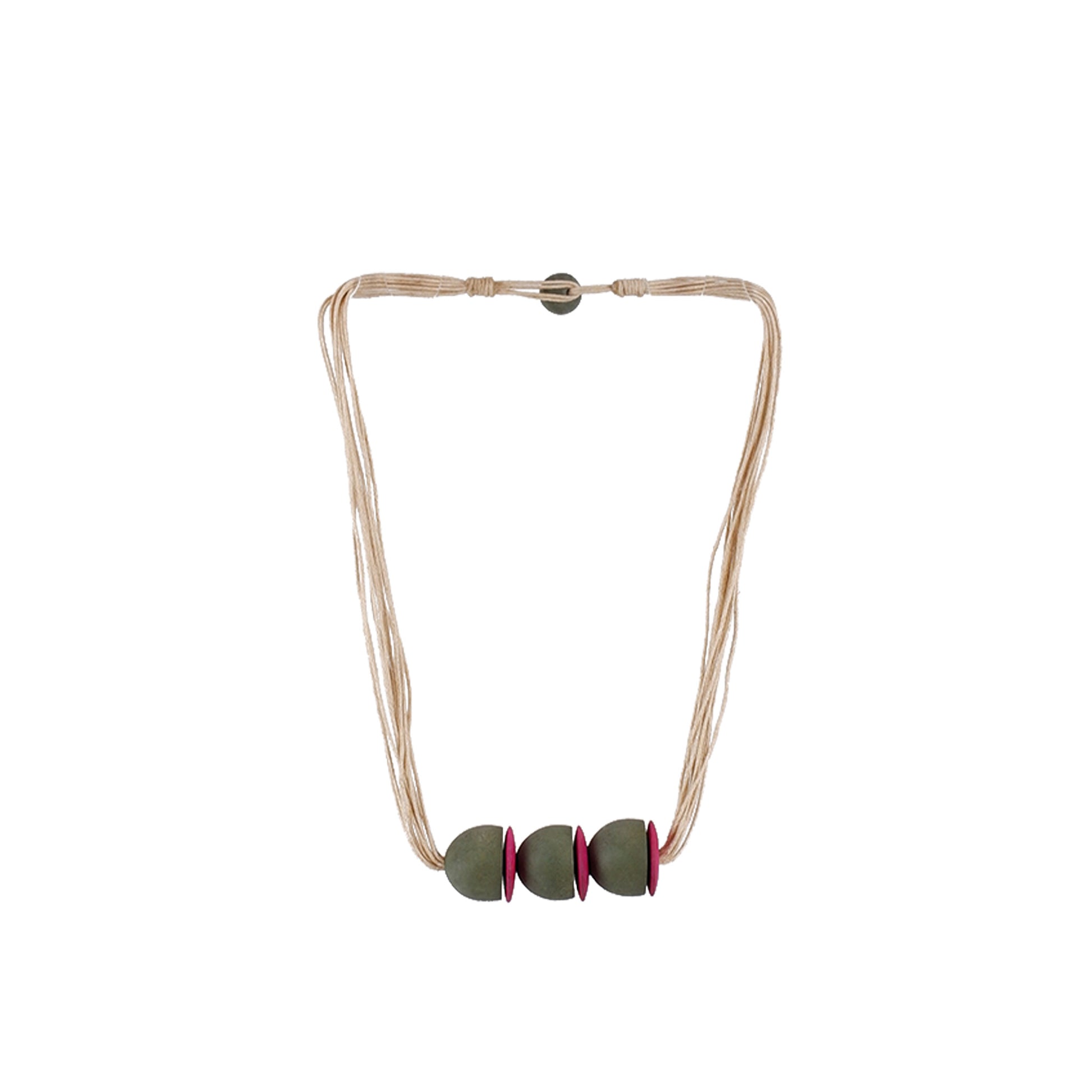 Grey and Pink Handmade wooden necklace with half-round beads and flat disc, crafted by a sustainable fashion accessories manufacturer. Unique, eco-friendly, and bold.
