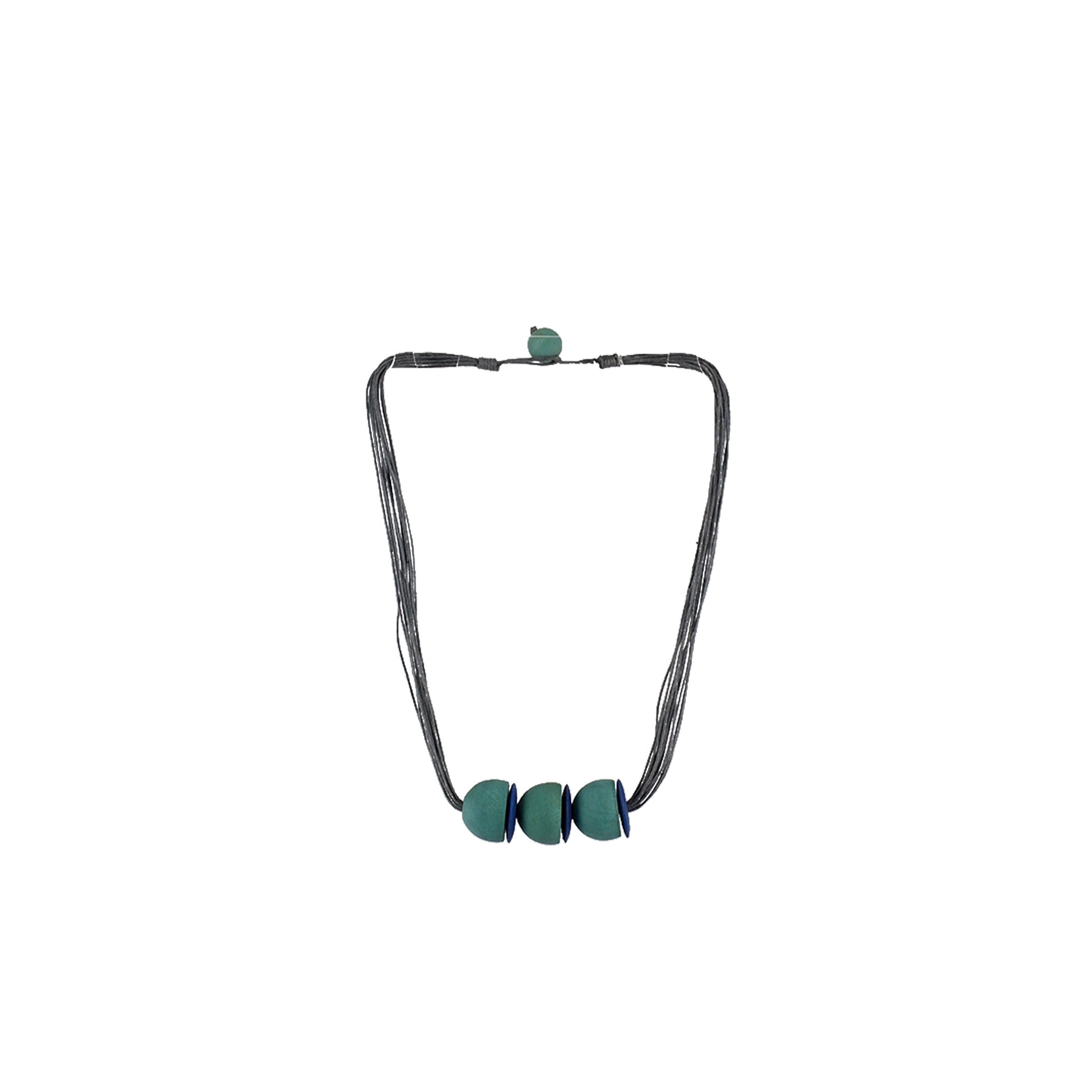 Teal and Blue Handmade wooden necklace with half-round beads and flat disc, crafted by a sustainable fashion accessories manufacturer. Unique, eco-friendly, and bold.