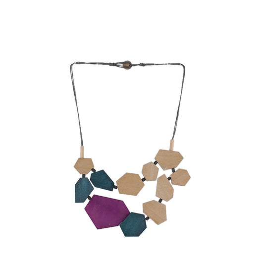 Natural, purple, blue handmade wooden necklace with multi-size hexagon pendant and acrylic accent, crafted by a sustainable fashion accessories manufacturer. Geometric, eco-friendly, and bold.