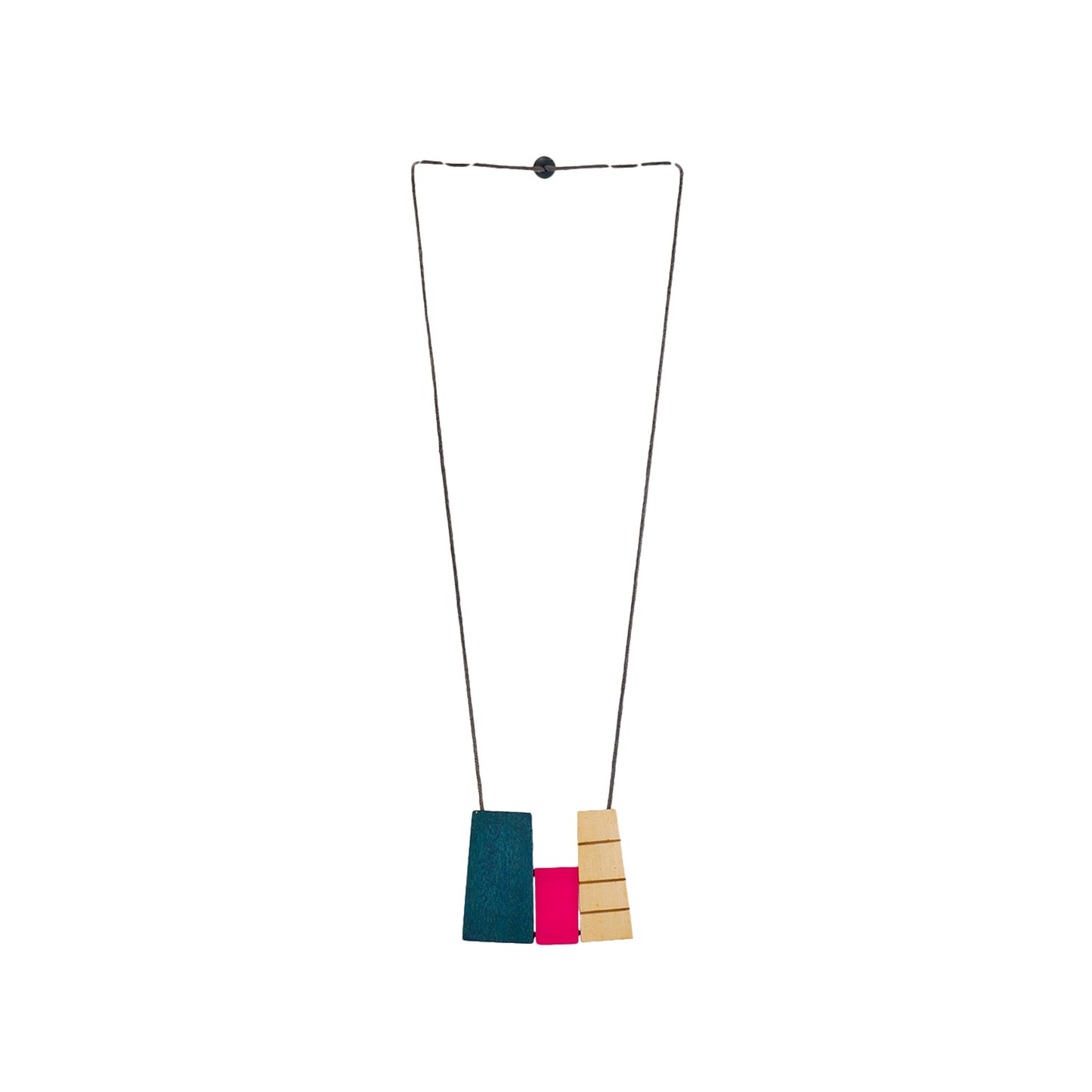 handmade wooden necklace featuring an irregular rectangle-shaped pendant in navy blue. A unique, eco-friendly, artisan-crafted statement jewelry piece.