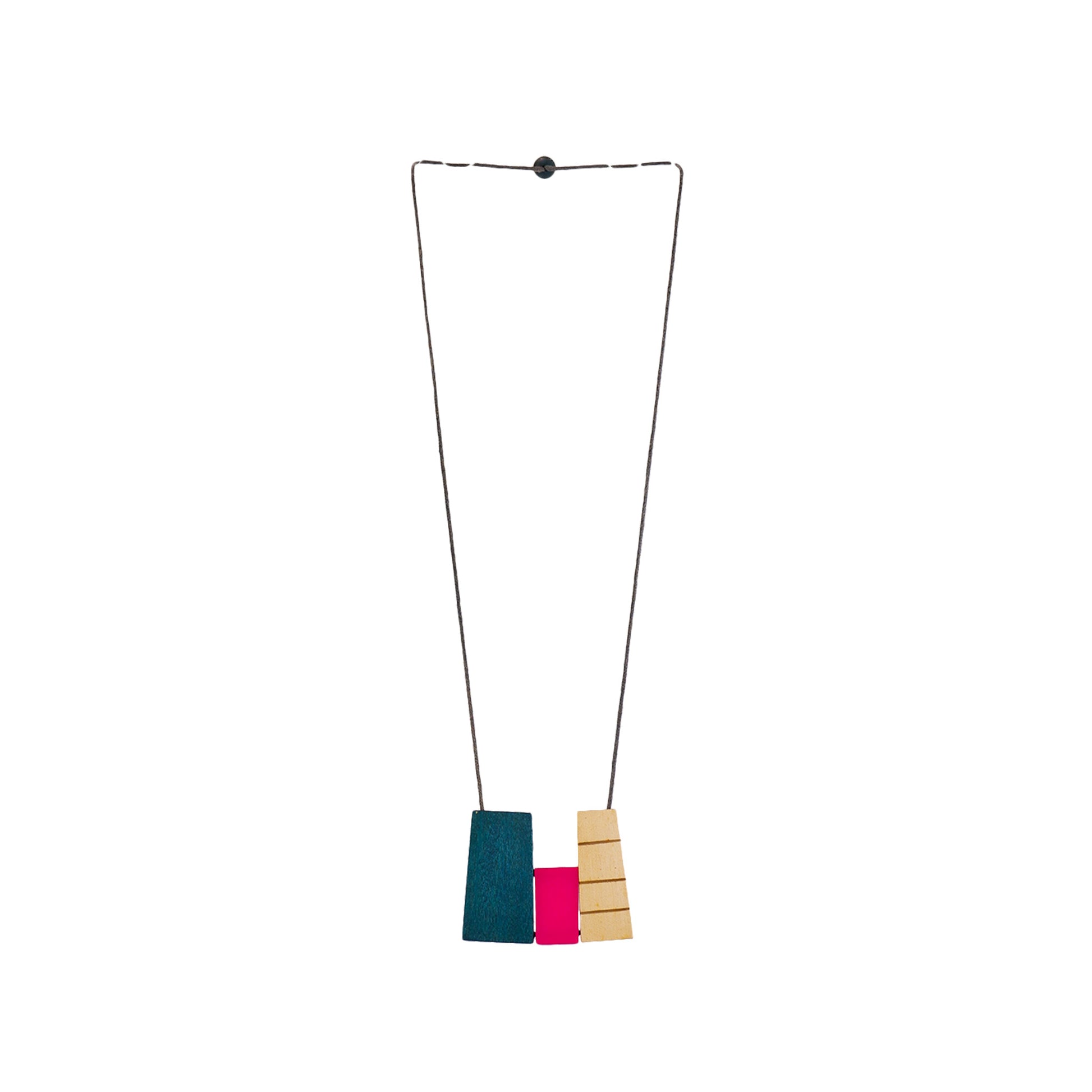 handmade wooden necklace featuring an irregular rectangle-shaped pendant in navy blue. A unique, eco-friendly, artisan-crafted statement jewelry piece.