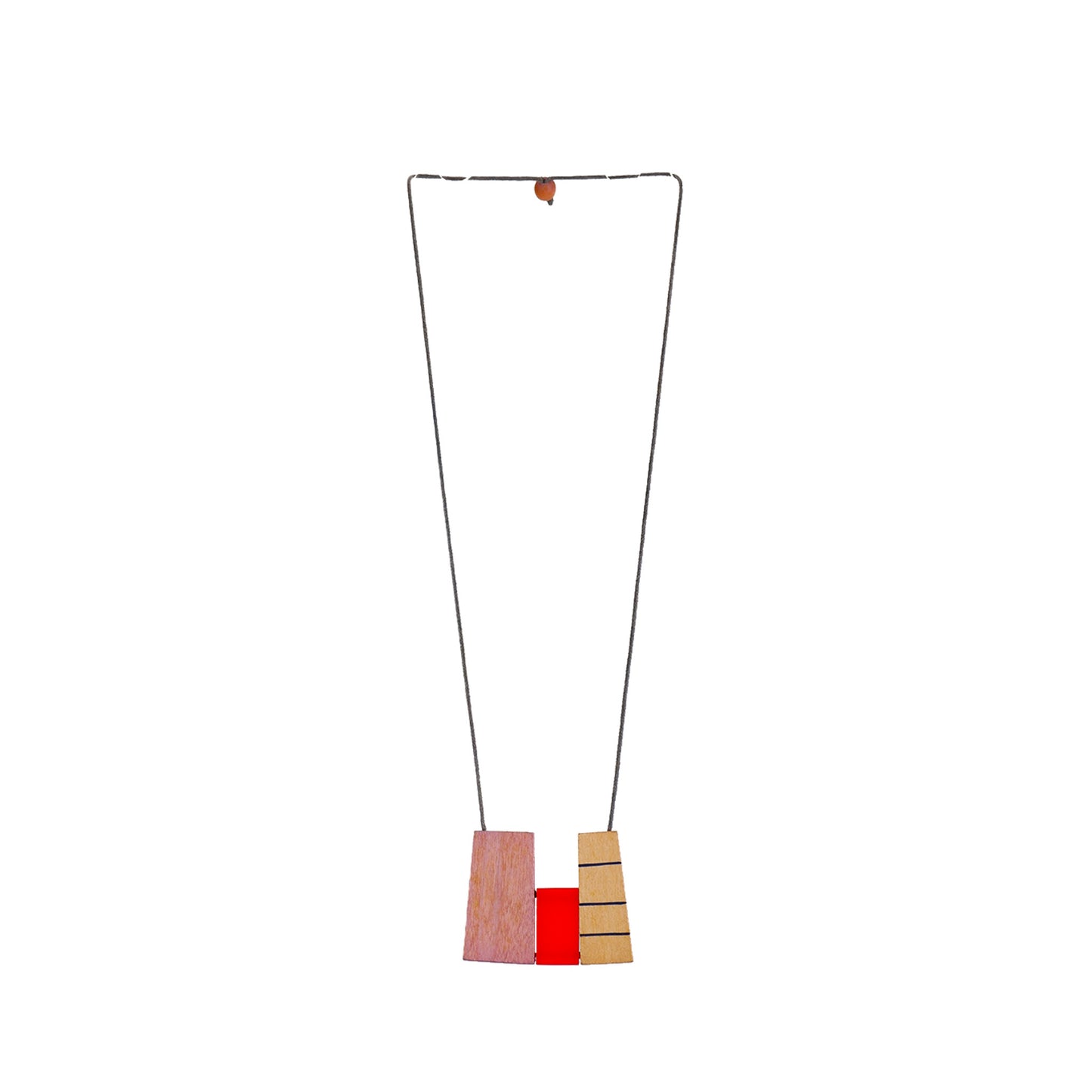 handmade wooden necklace featuring an irregular rectangle-shaped pendant in pink. A unique, eco-friendly, artisan-crafted statement jewelry piece.