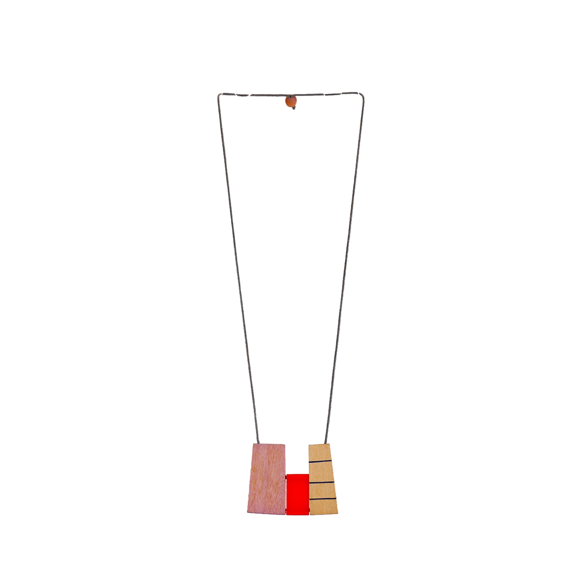handmade wooden necklace featuring an irregular rectangle-shaped pendant in pink. A unique, eco-friendly, artisan-crafted statement jewelry piece.