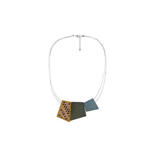 Blue and Grey Handmade wooden necklace with multi-irregular square pendants and woven banig accent, crafted by a sustainable fashion accessories manufacturer. Bold, eco-friendly, and artistic.