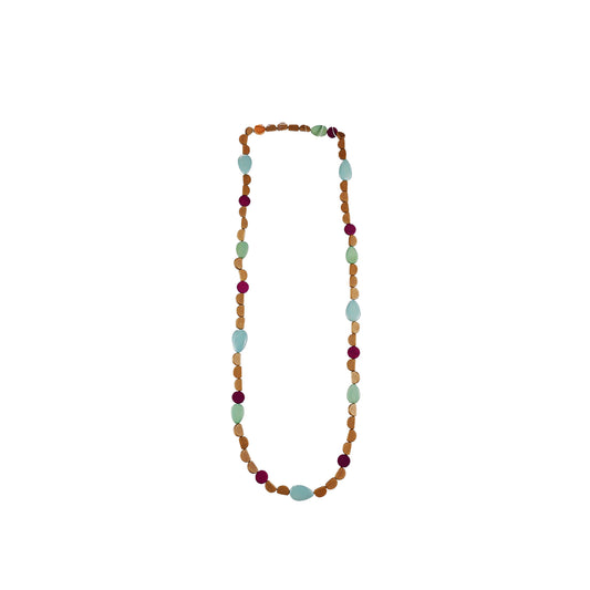 handmade wooden necklace featuring light brown beads, colorful components, and small round accents. A long, eco-friendly, artisan-crafted statement piece.