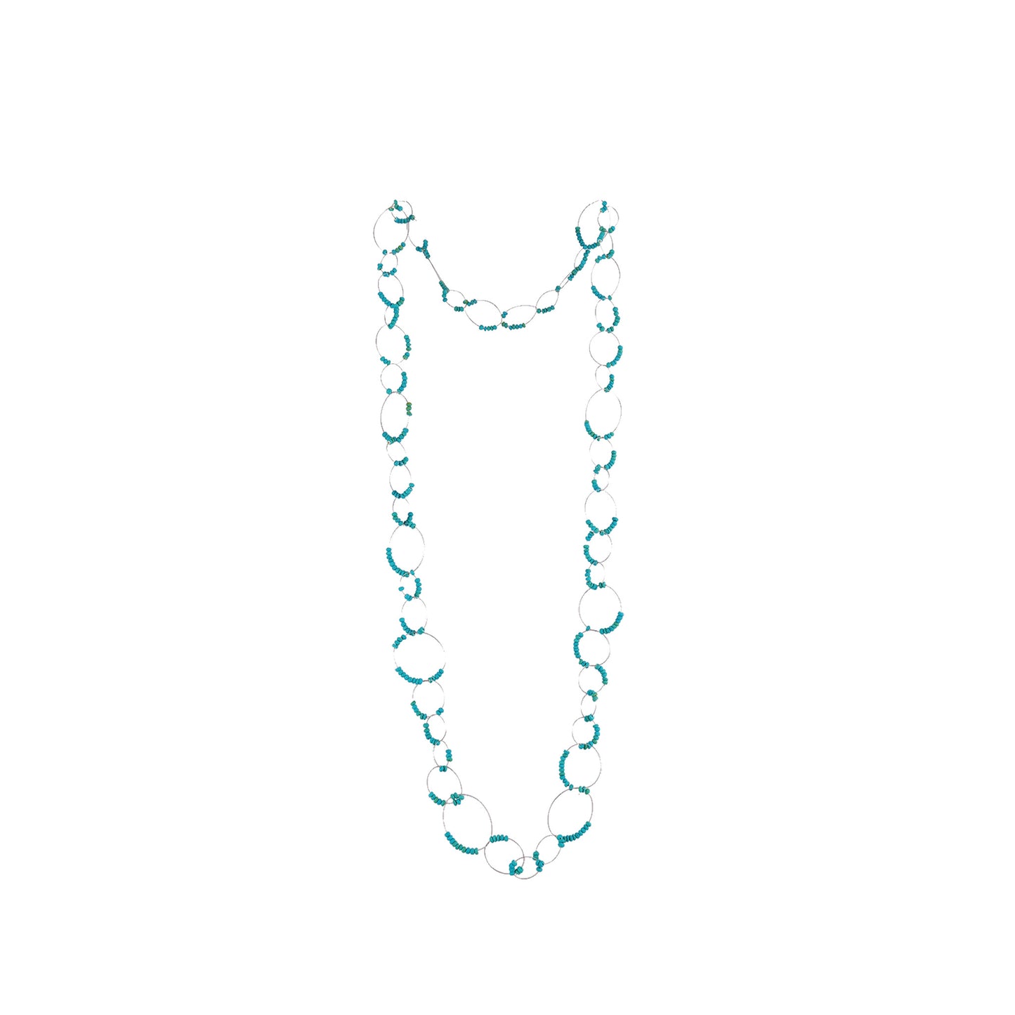 Handmade blue wooden necklace featuring micro beads and a chain-link inspired design. A unique, eco-friendly, artisan-crafted jewelry piece with intricate details.