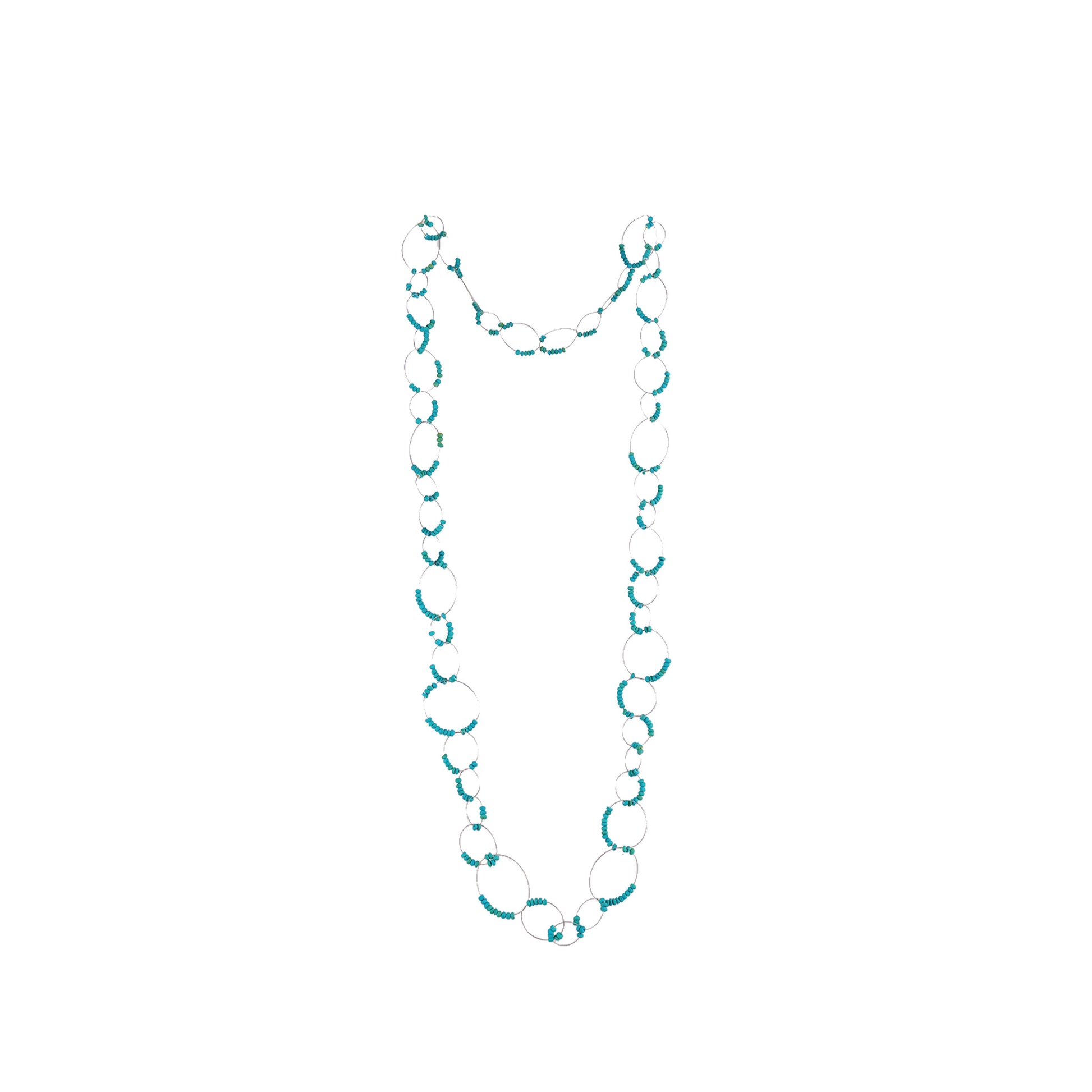 Handmade blue wooden necklace featuring micro beads and a chain-link inspired design. A unique, eco-friendly, artisan-crafted jewelry piece with intricate details.