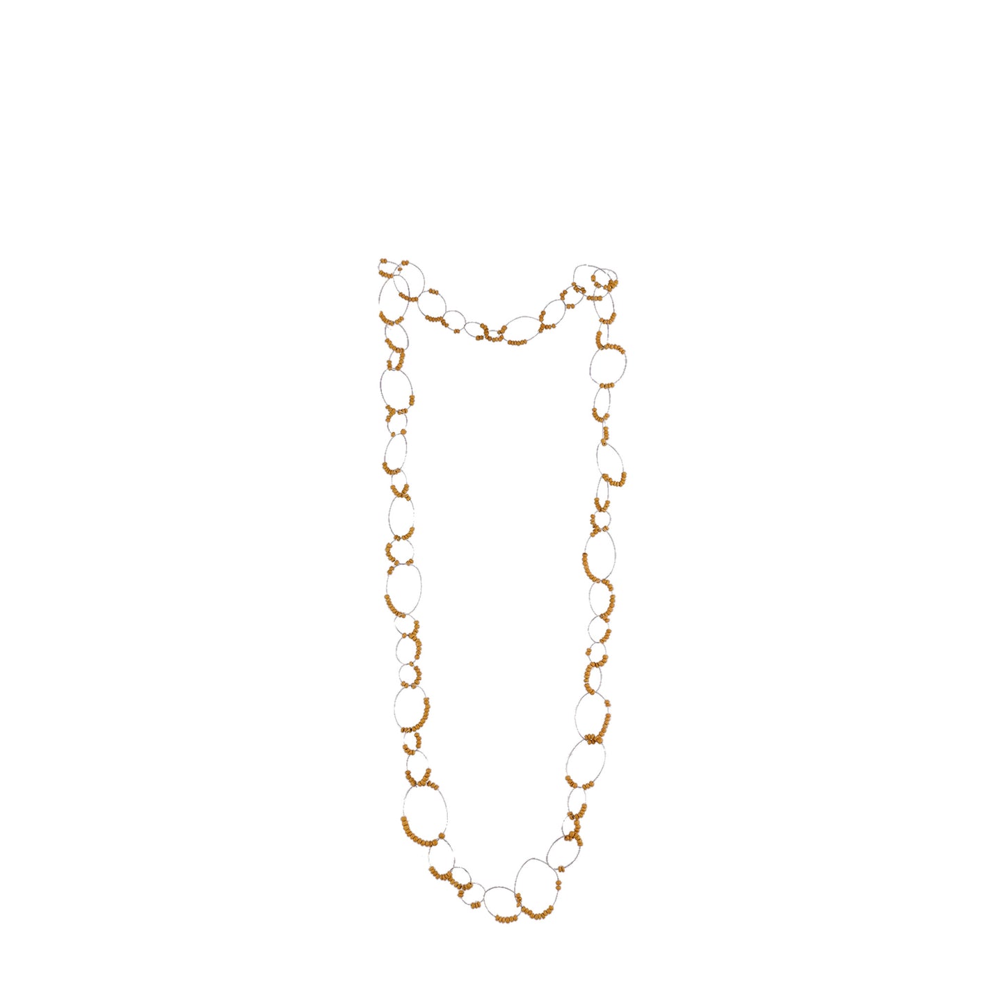 Handmade gold wooden necklace featuring micro beads and a chain-link inspired design. A unique, eco-friendly, artisan-crafted jewelry piece with intricate details.