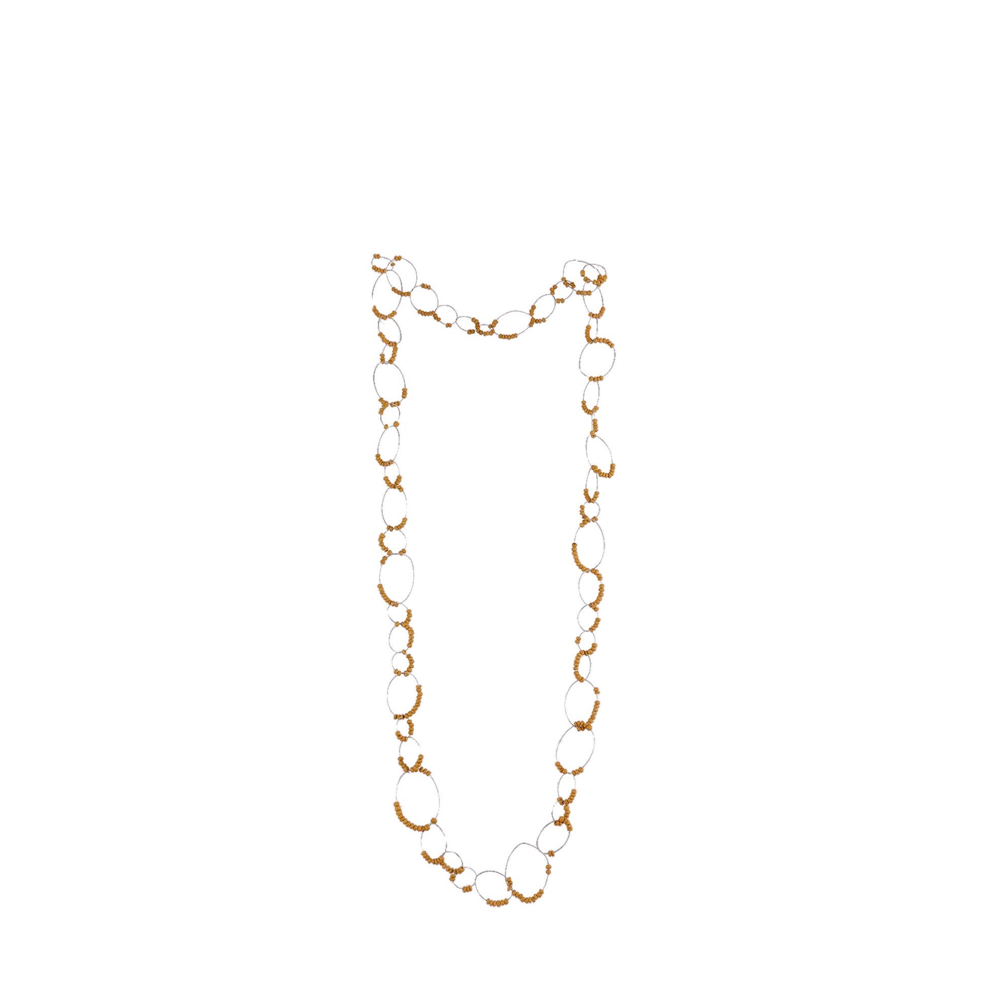 Handmade gold wooden necklace featuring micro beads and a chain-link inspired design. A unique, eco-friendly, artisan-crafted jewelry piece with intricate details.