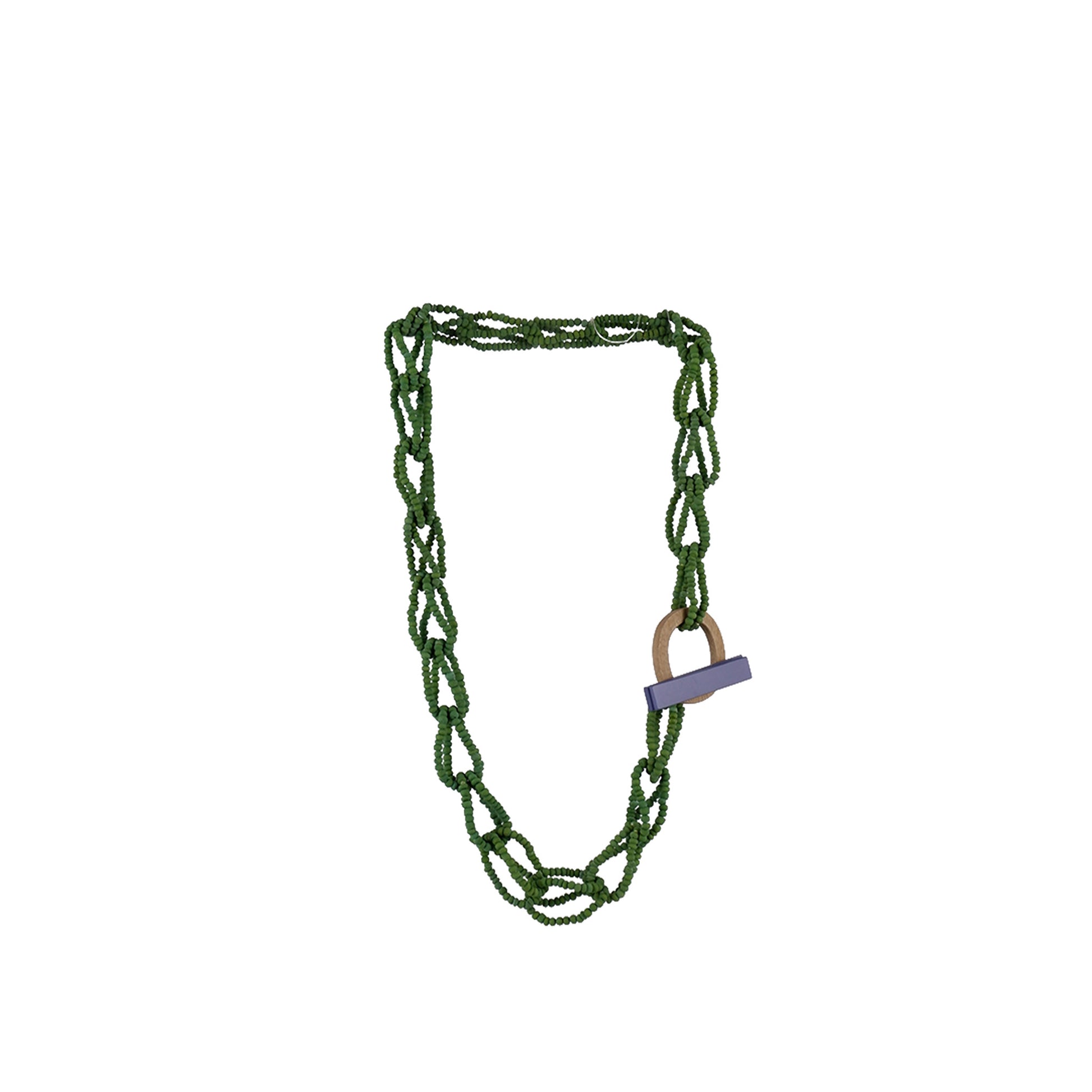 Green handmade wooden necklace with micro beads creating a chain effect, crafted by a sustainable fashion accessories manufacturer. Elegant, eco-friendly, and stylish.