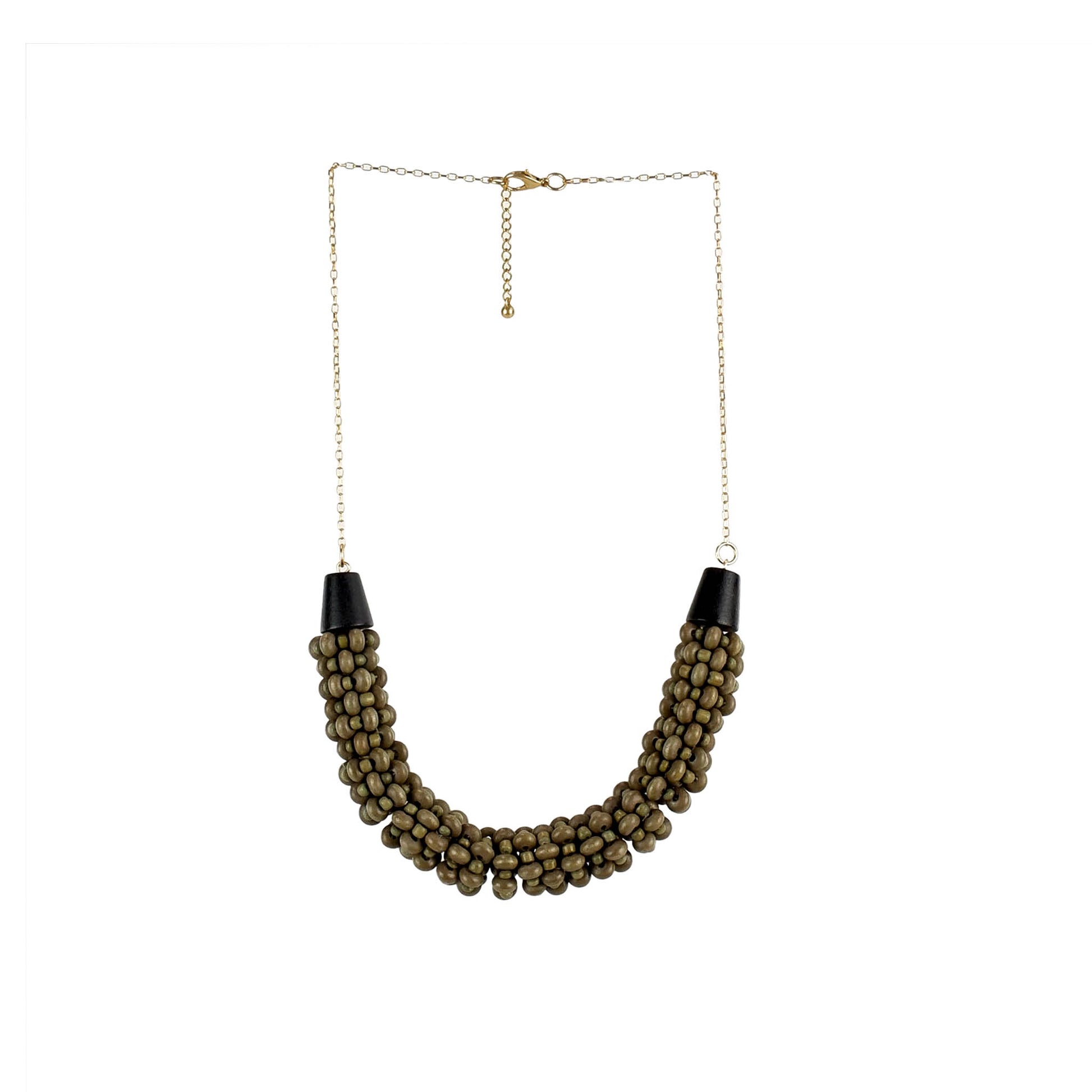 Handmade wooden necklace featuring a micro-bead cluster pendant in green. Ethically crafted, lightweight, and perfect for boho-chic and sustainable fashion lovers.