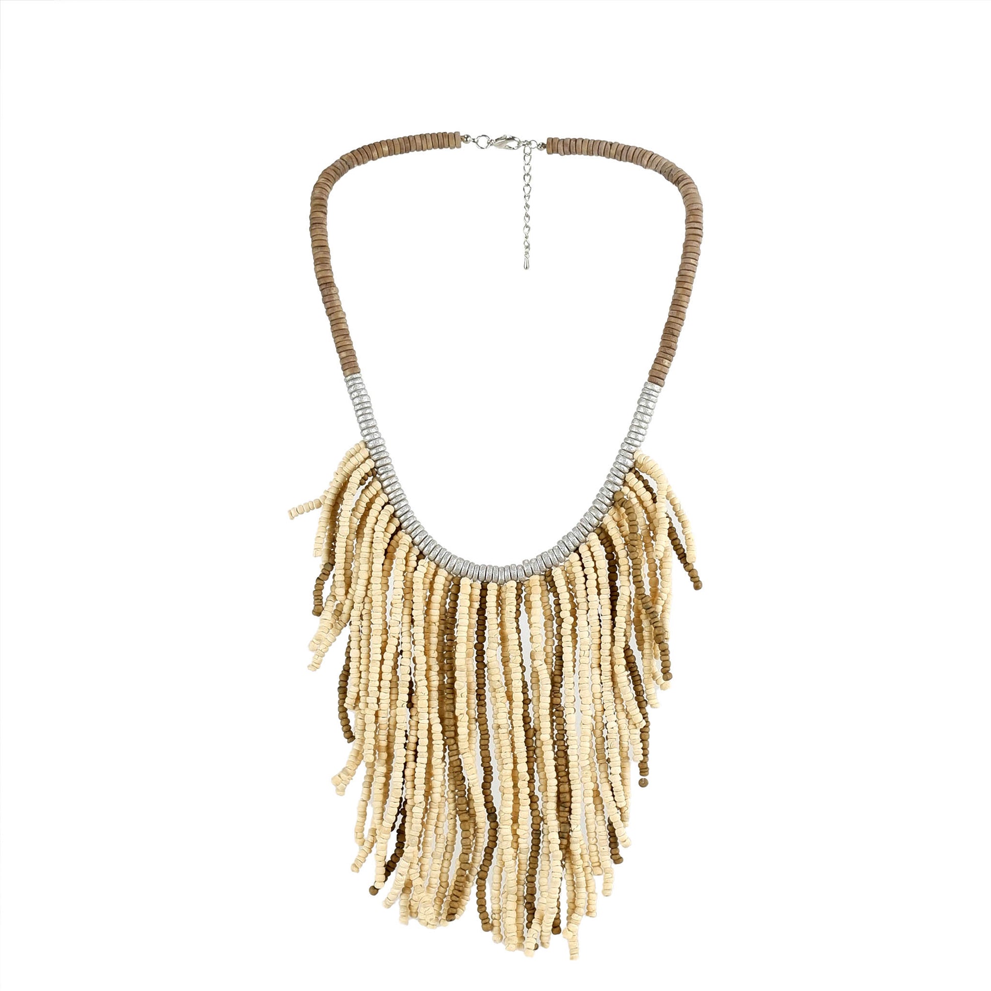 Handmade wooden necklace featuring a microbead fringe pendant in beige. Artisan-crafted by a sustainable fashion accessories manufacturer. Eco-friendly & stylish.

