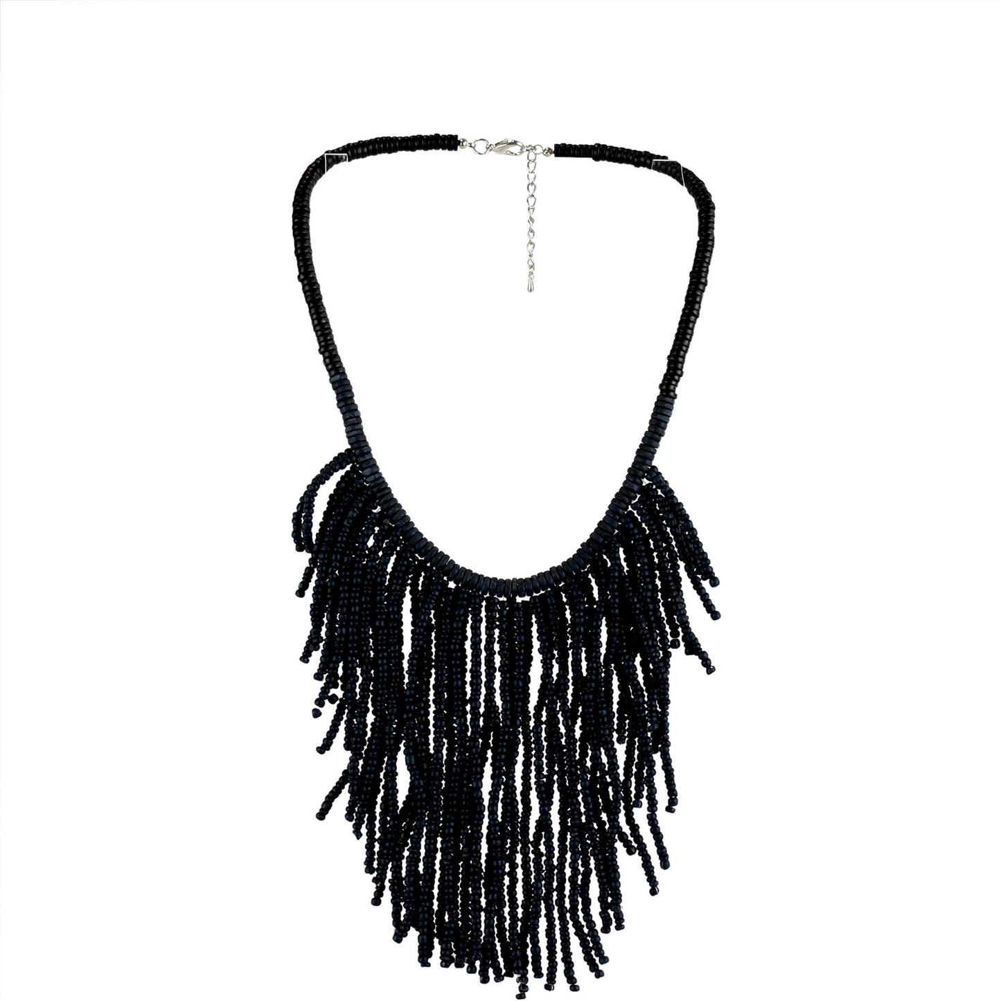 Handmade wooden necklace featuring a microbead fringe pendant in black. Artisan-crafted by a sustainable fashion accessories manufacturer. Eco-friendly & stylish.

