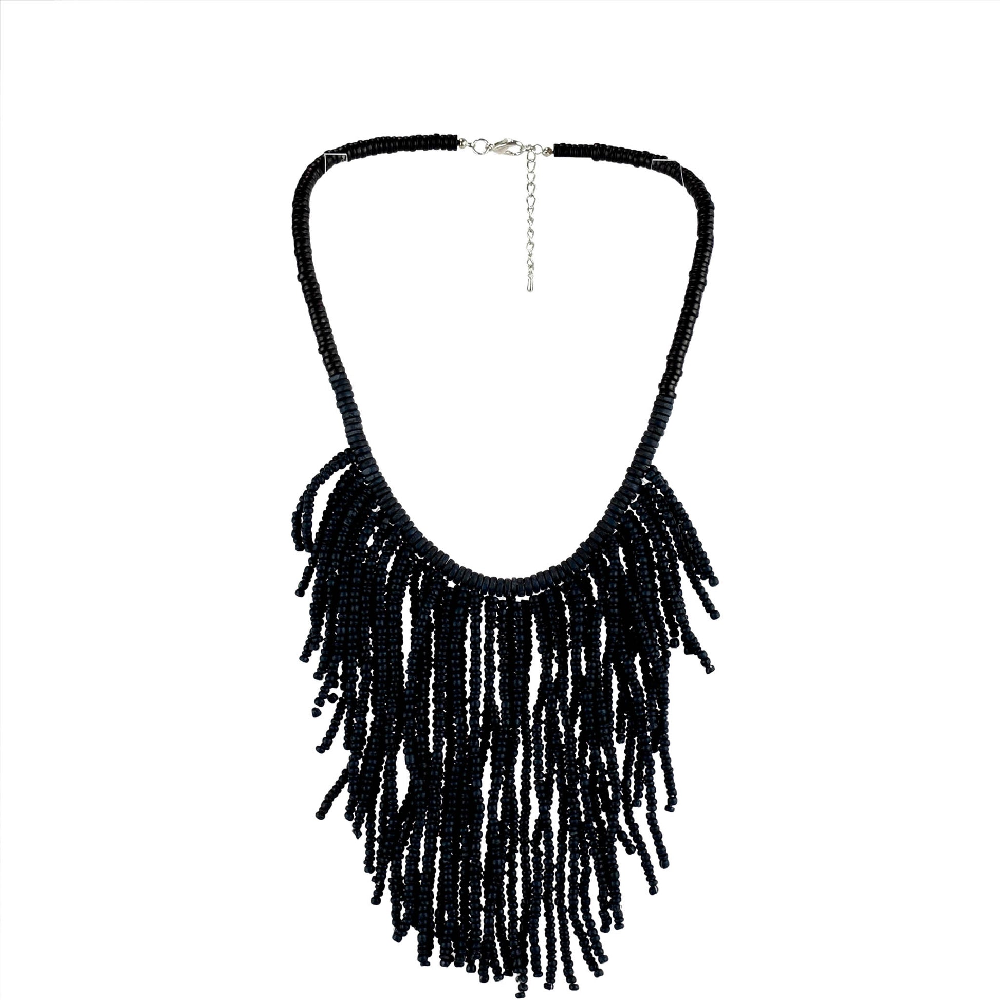 Handmade wooden necklace featuring a microbead fringe pendant in black. Artisan-crafted by a sustainable fashion accessories manufacturer. Eco-friendly & stylish.

