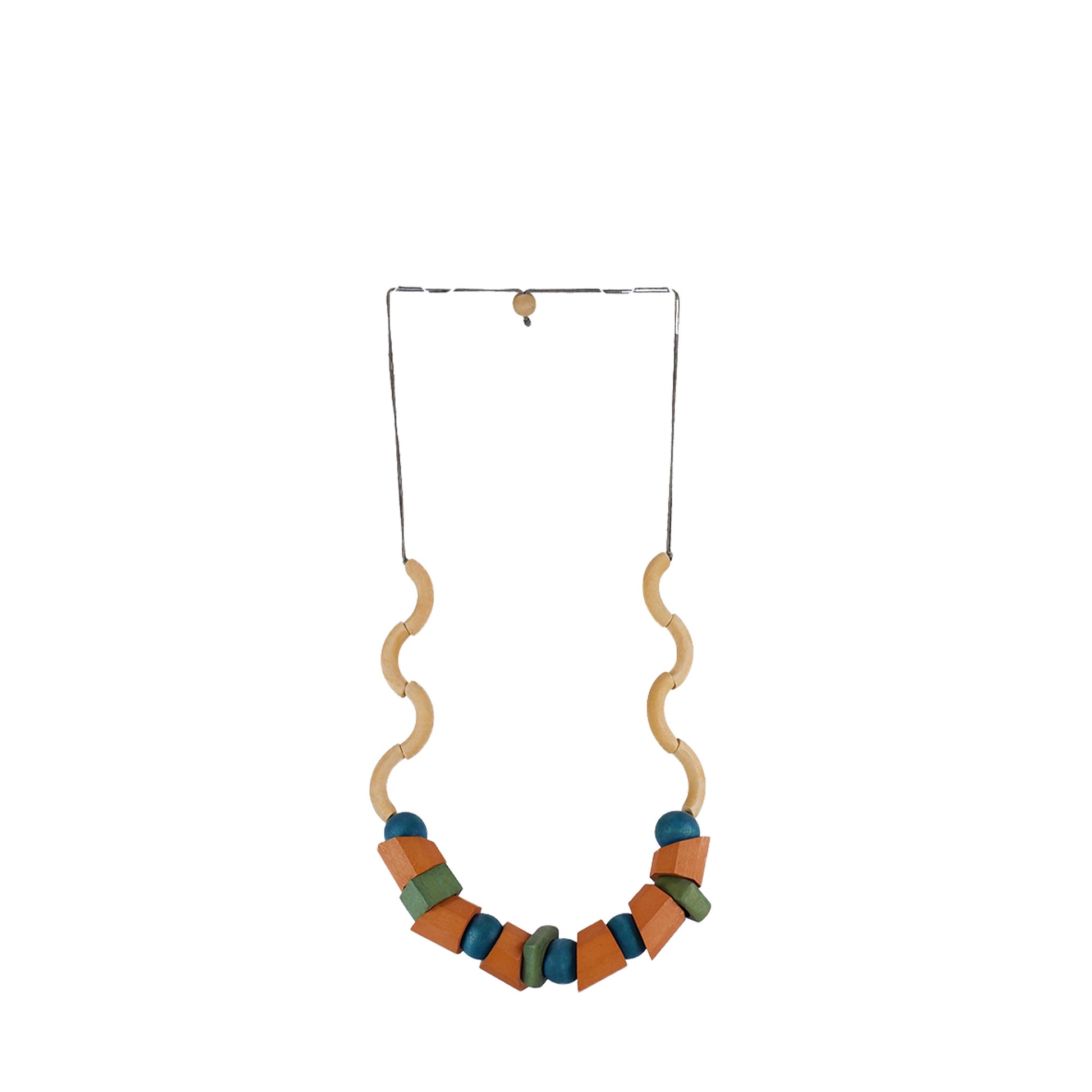 Handmade wooden necklace featuring mixed shaped orange beads in a wavy design. A unique, eco-friendly, artisan-crafted jewelry piece inspired by nature.