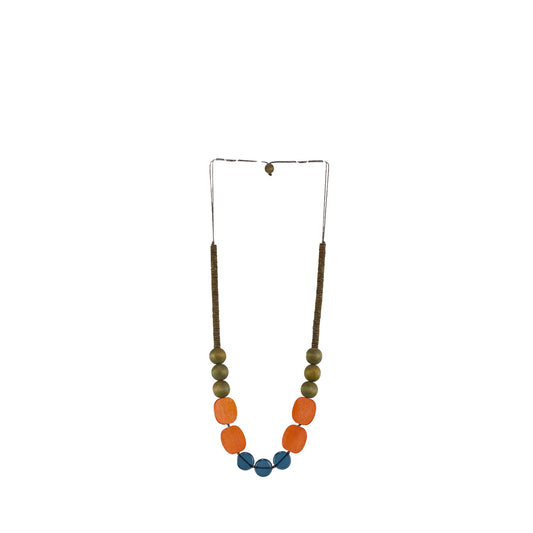 handmade wooden necklace featuring mixed wooden components and acrylic flat discs. A unique, eco-friendly artisan-crafted jewelry piece.