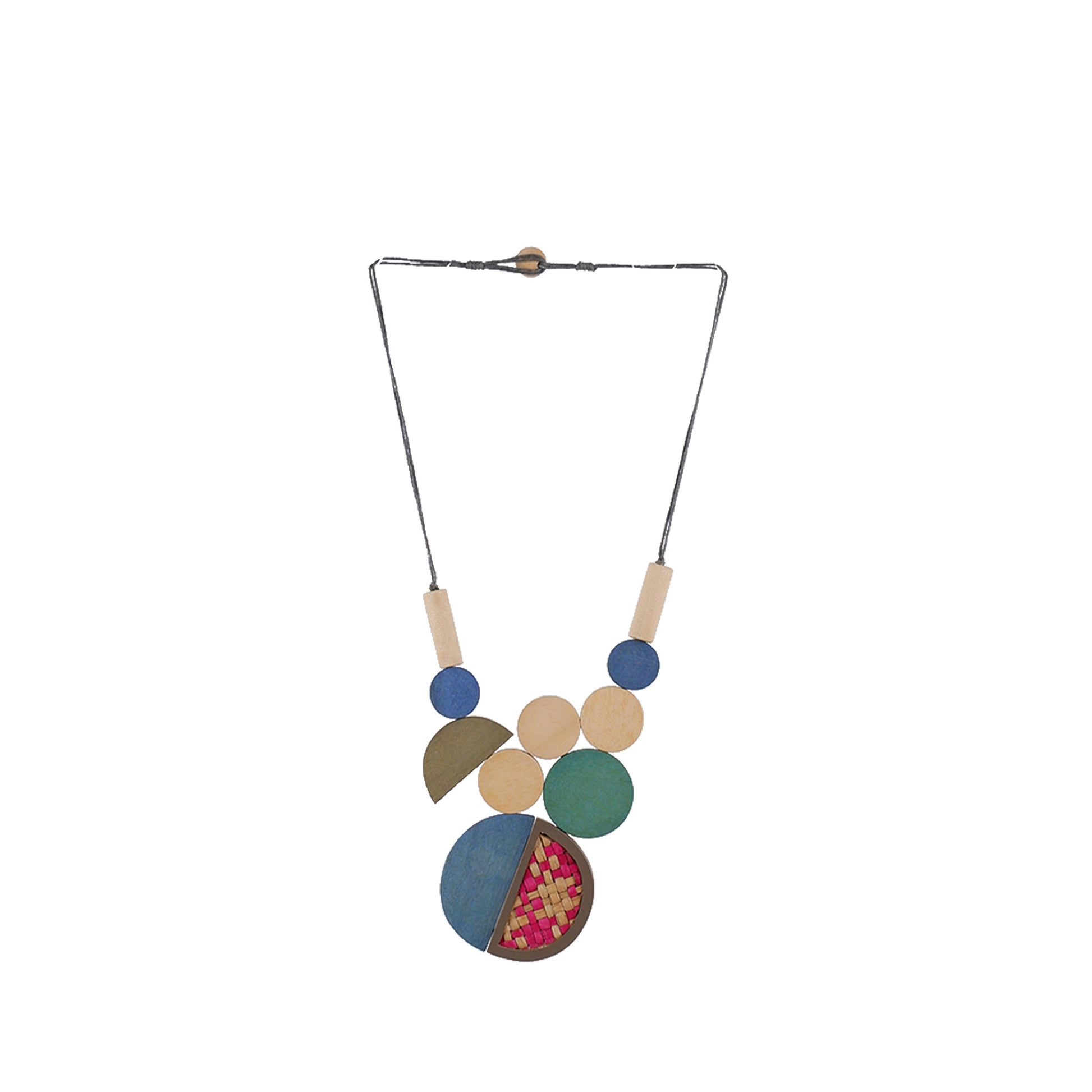 Blue, Natural, Banig handmade wooden necklace with multi-color round discs and Solihiya weave pendant, crafted by a sustainable fashion accessories manufacturer. Unique, eco-friendly, and cultural.