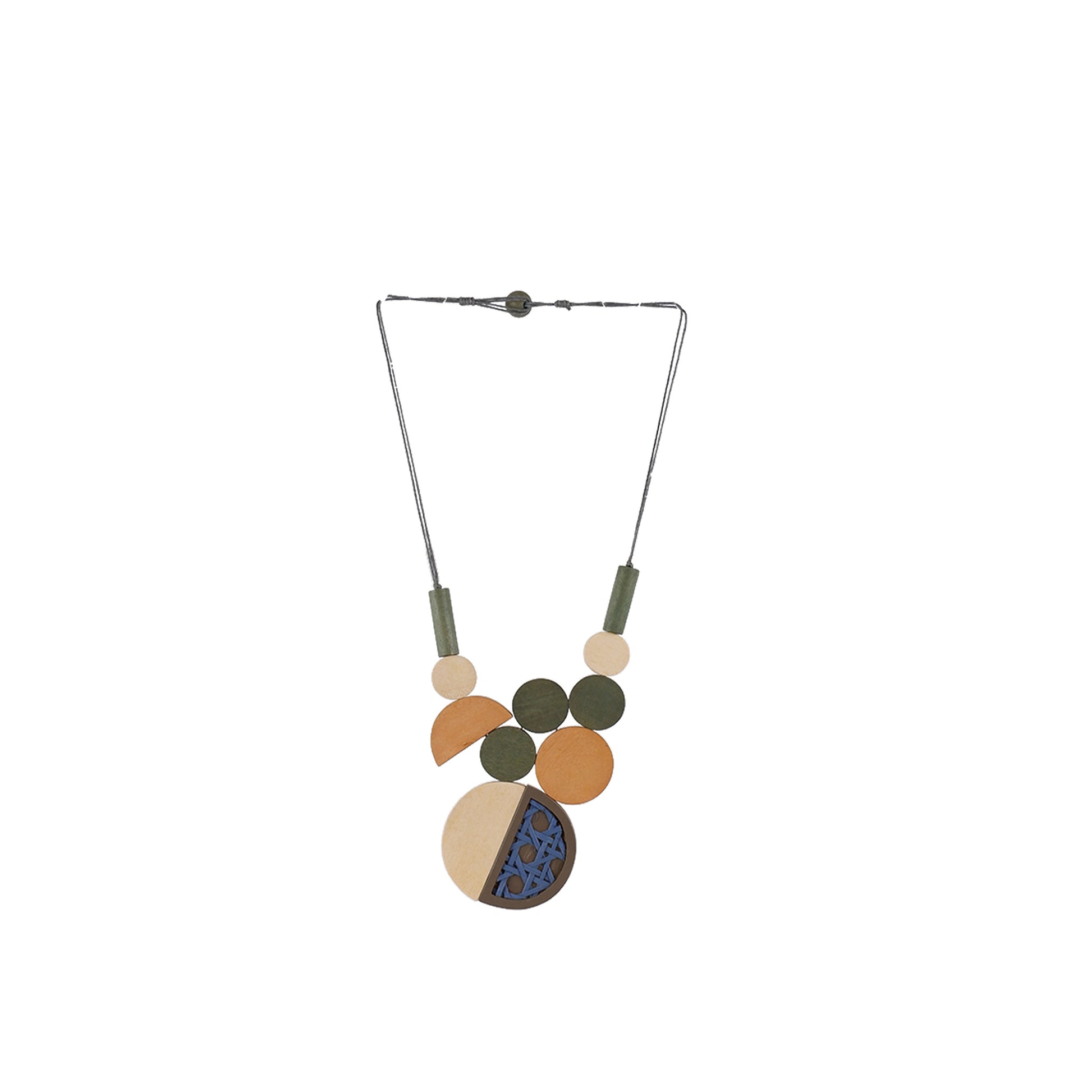 Green, yellow, blue handmade wooden necklace with multi-color round discs and Solihiya weave pendant, crafted by a sustainable fashion accessories manufacturer. Unique, eco-friendly, and cultural.
