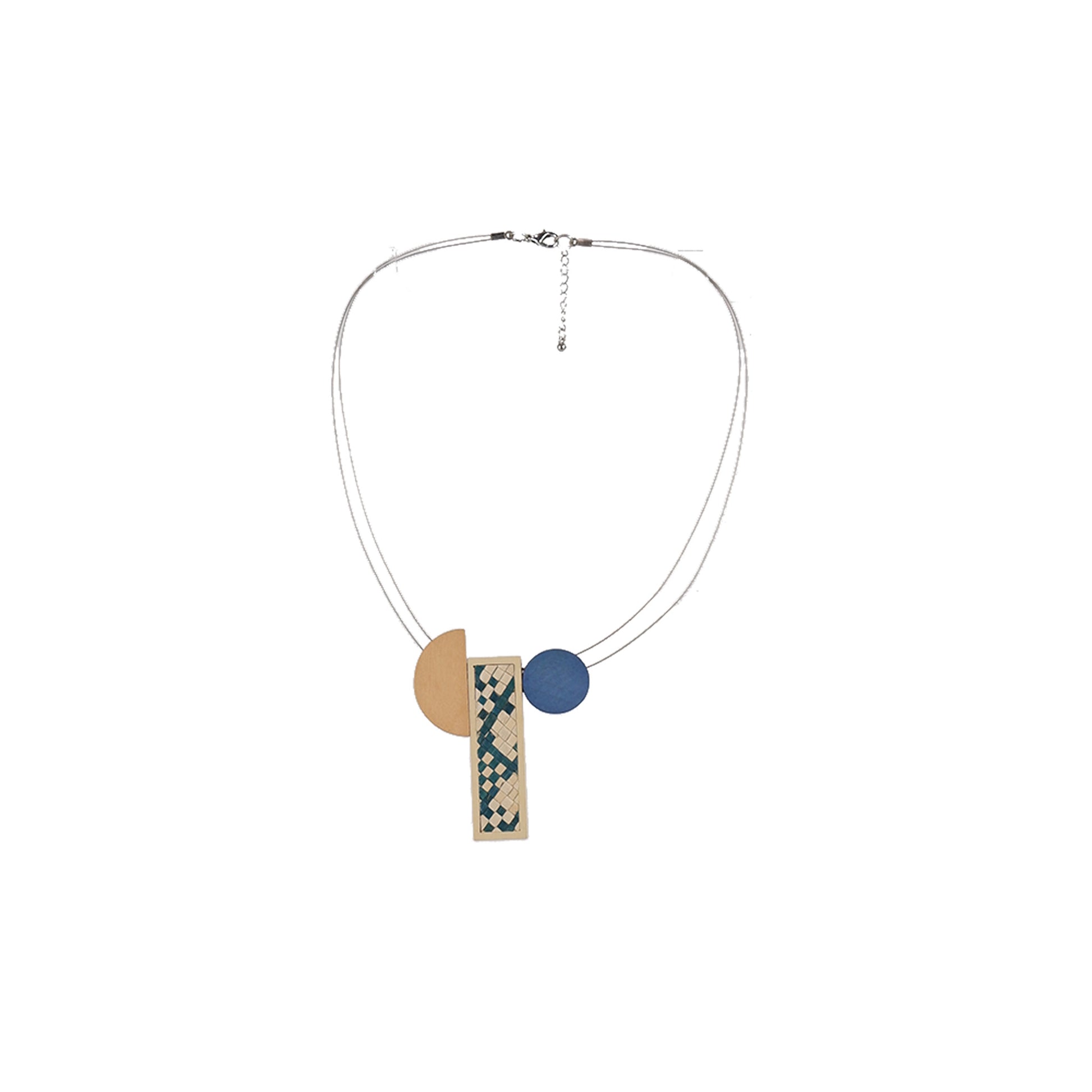 Blue, yellow and banig Handmade wooden necklace with multi-shaped pendant and woven banig accent, crafted by a sustainable fashion accessories manufacturer. Artistic, eco-friendly, and bold.