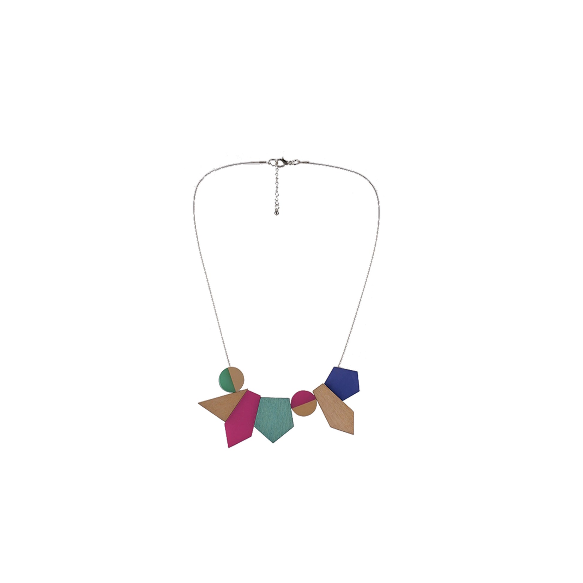 Pink, teal, blue Handmade wooden necklace with multi-shaped wood pendant and acrylic accents, crafted by a sustainable fashion accessories manufacturer. Unique, eco-friendly, and bold.