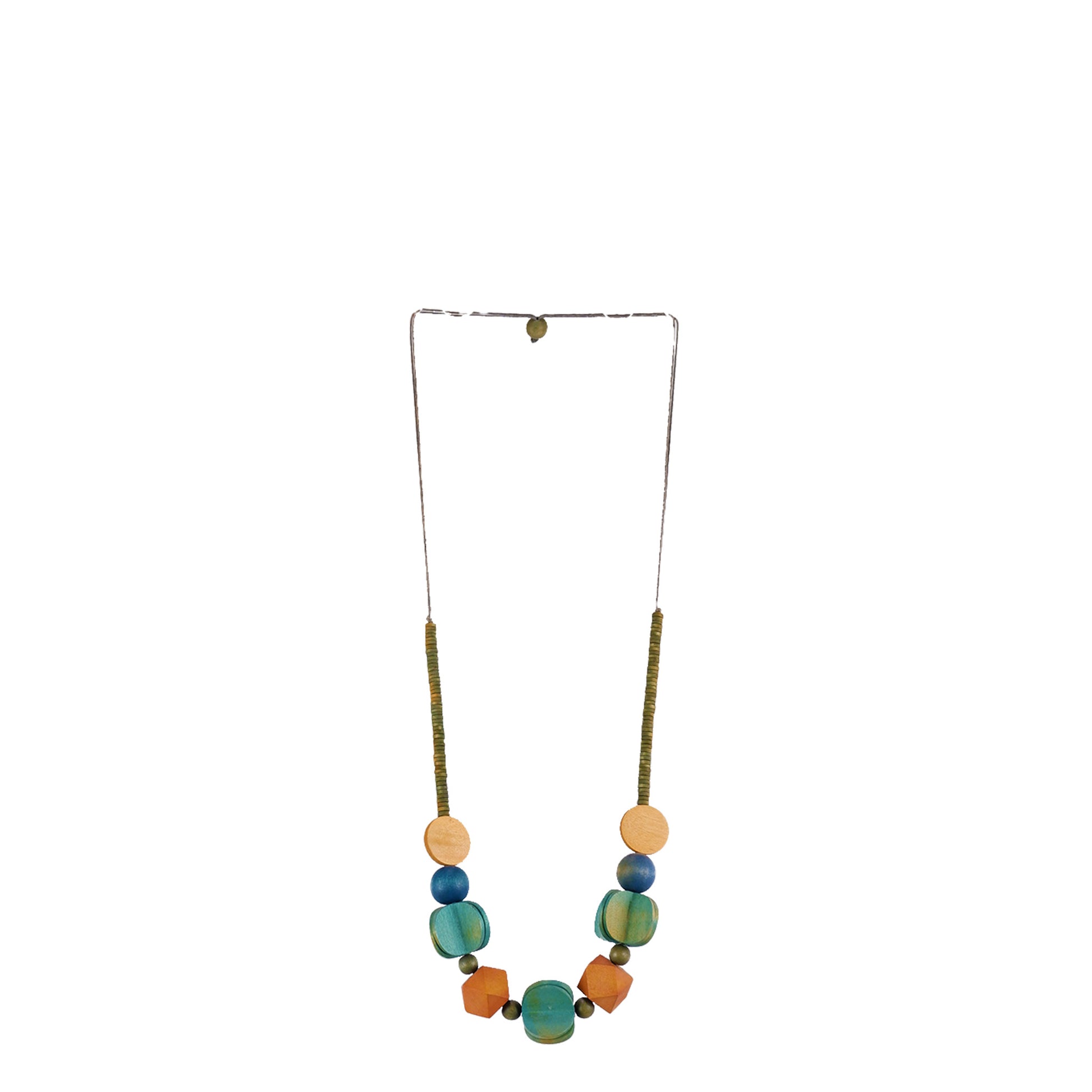 Handmade wooden necklace featuring multi-shaped beads in green. A unique, eco-friendly, artisan-crafted jewelry piece inspired by natural textures and modern design.


