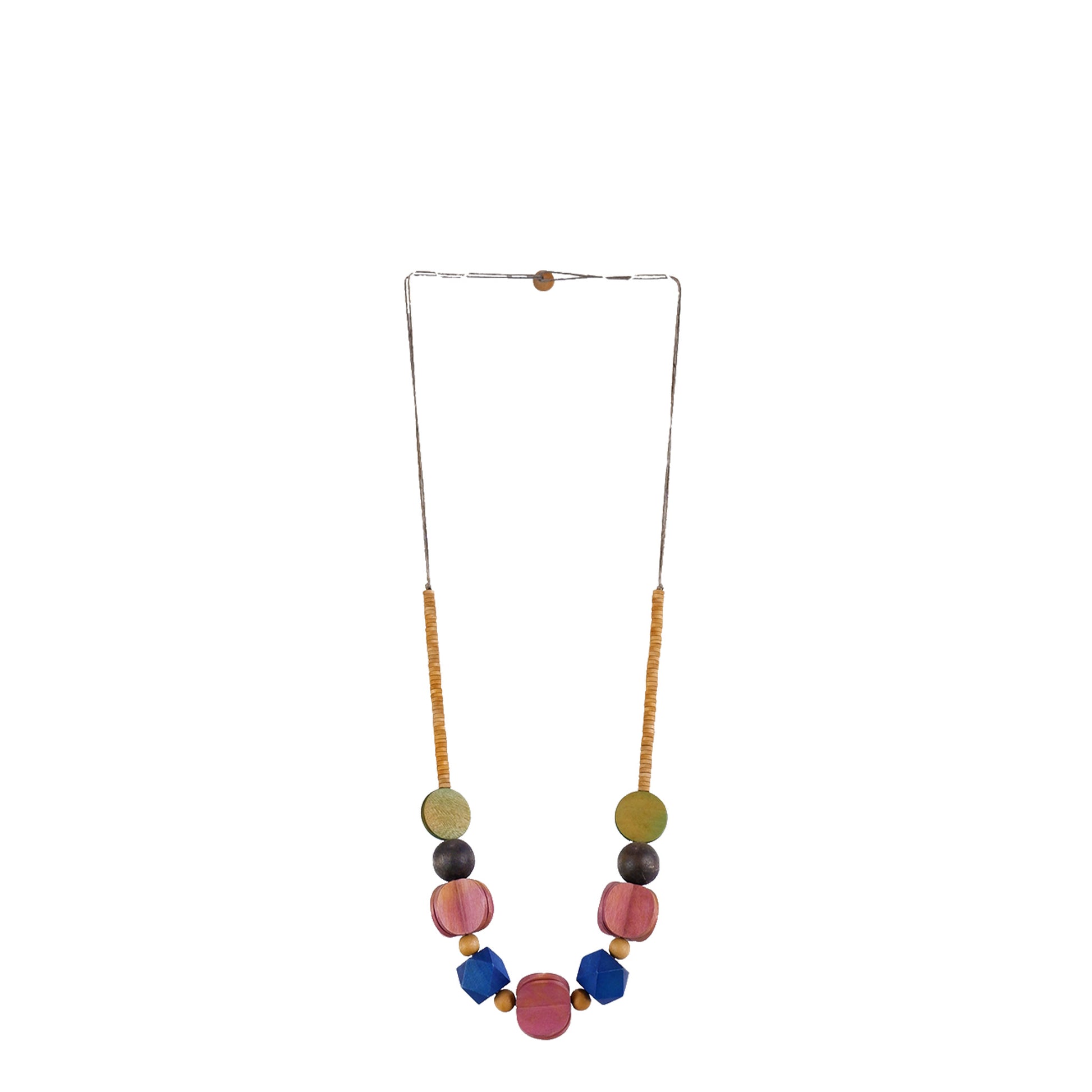 Handmade wooden necklace featuring multi-shaped beads in purple. A unique, eco-friendly, artisan-crafted jewelry piece inspired by natural textures and modern design.


