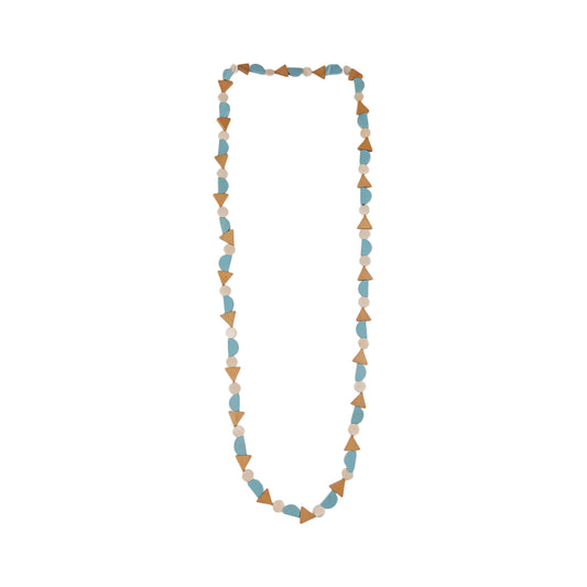 Handmade wooden necklace featuring multi-shaped beads. Ethically crafted, lightweight, and perfect for boho-chic and sustainable fashion lovers.

