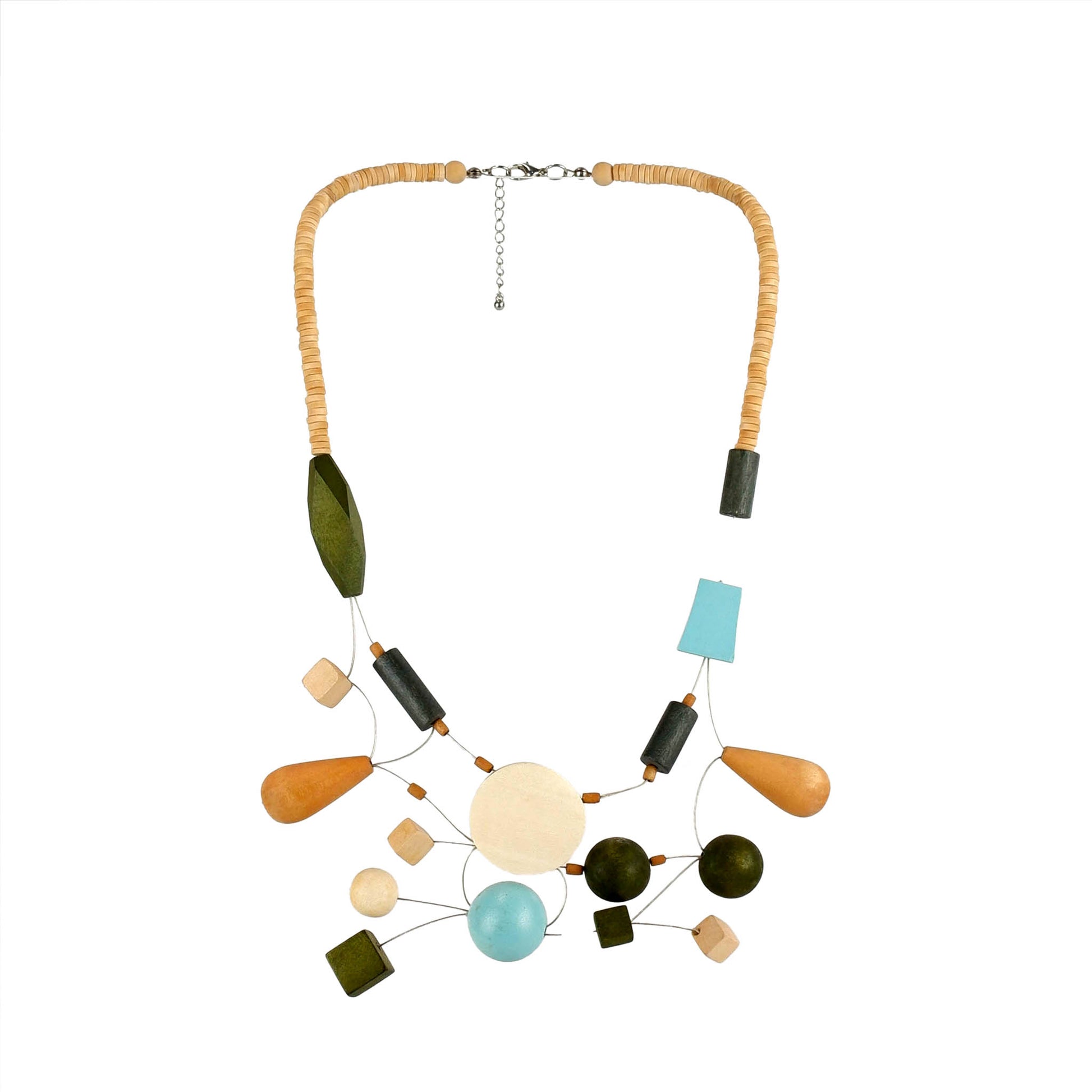 Handmade wooden necklace featuring multi-shaped interlaced wood components with green accents. Ethically crafted, lightweight, and designed for modern and sustainable fashion lovers.