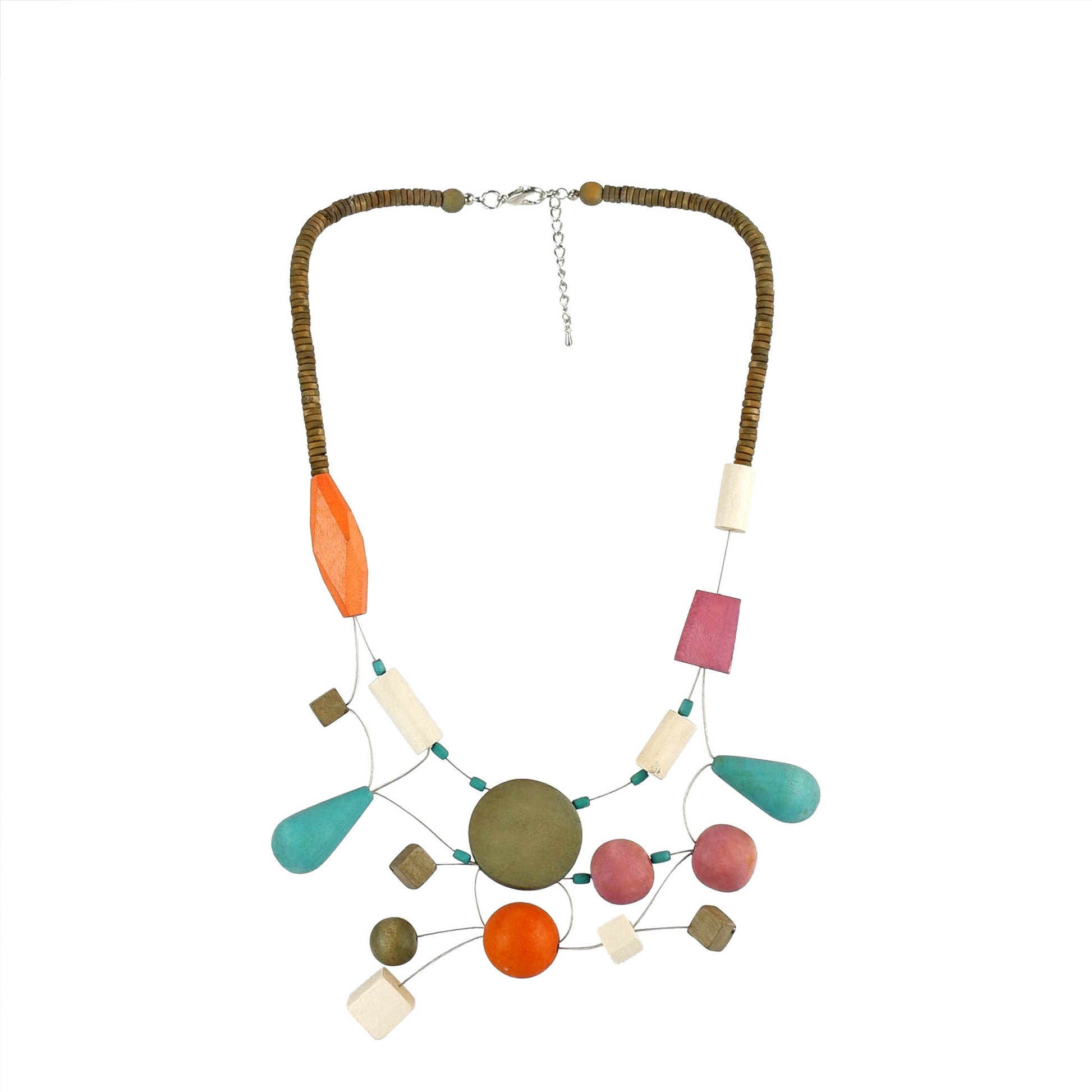 Handmade wooden necklace featuring multi-shaped interlaced wood components with orange accent. Ethically crafted, lightweight, and designed for modern and sustainable fashion lovers.