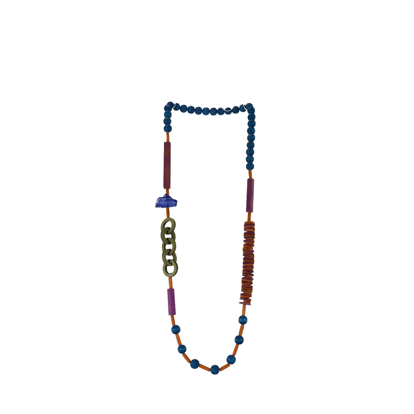 Handmade blue wooden necklace featuring multi-shaped components and an acrylic accent. A unique, eco-friendly, artisan-crafted jewelry piece with a modern touch.

