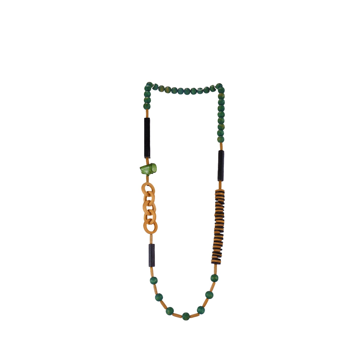 Handmade green wooden necklace featuring multi-shaped components and an acrylic accent. A unique, eco-friendly, artisan-crafted jewelry piece with a modern touch.

